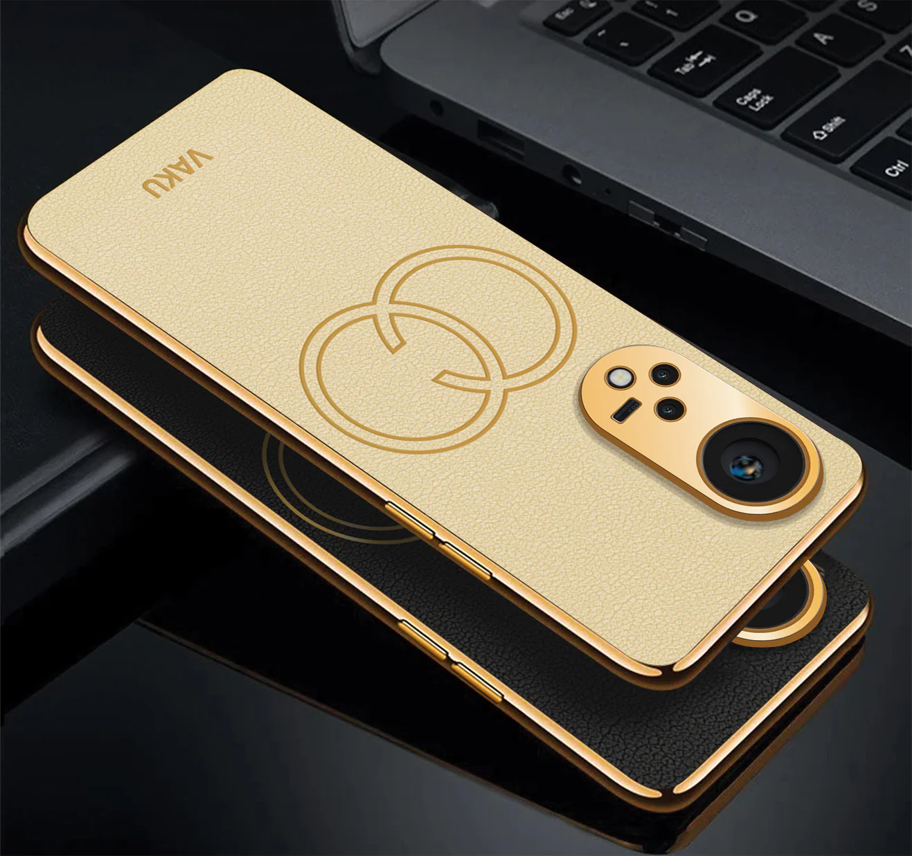 Vaku ® Oppo Reno8T 5G Skylar Series Leather Stitched Gold Electroplated Soft TPU Back Cover - Image 3