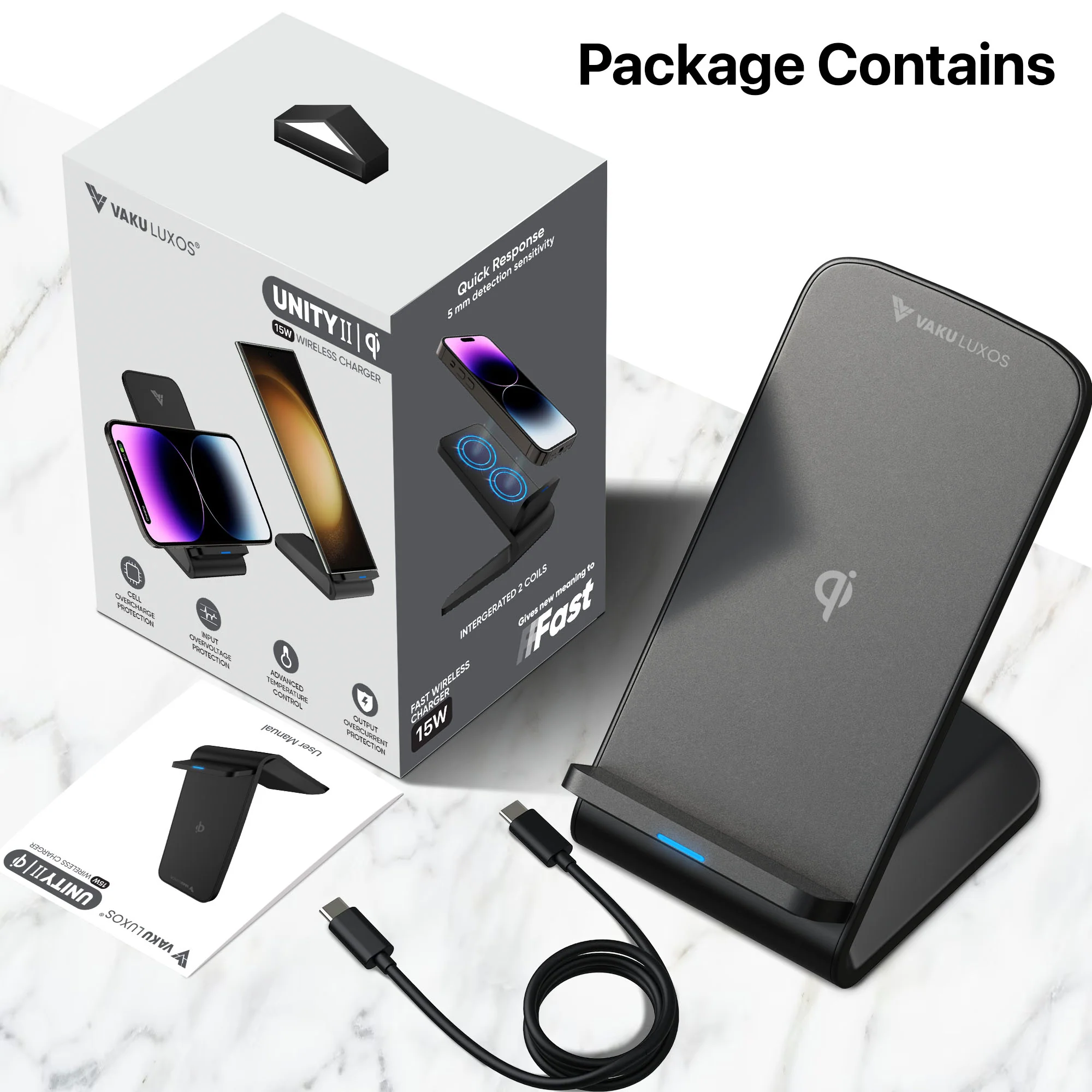 Vaku ® Qi Certified Unity II 15W Fast Charge Wireless Charger Stand Universally Compatible with Qi Enabled - Image 9