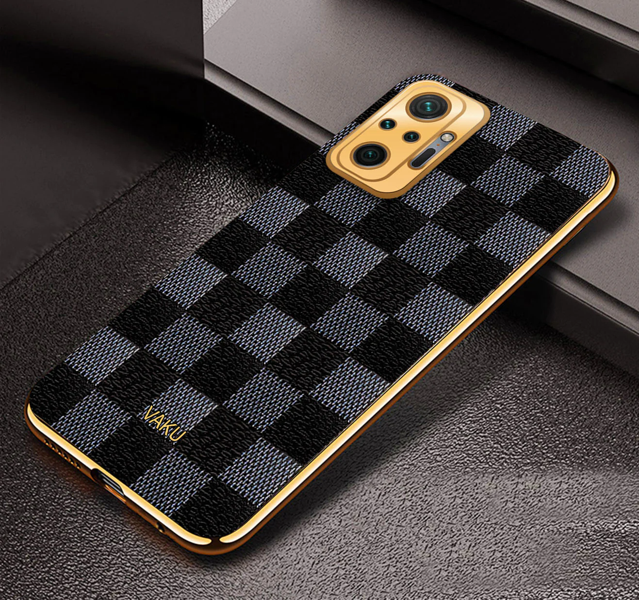 Vaku® Redmi Note 10 Pro Max Cheron Series Leather Stitched Gold Electroplated Soft TPU Back Cover - Image 5