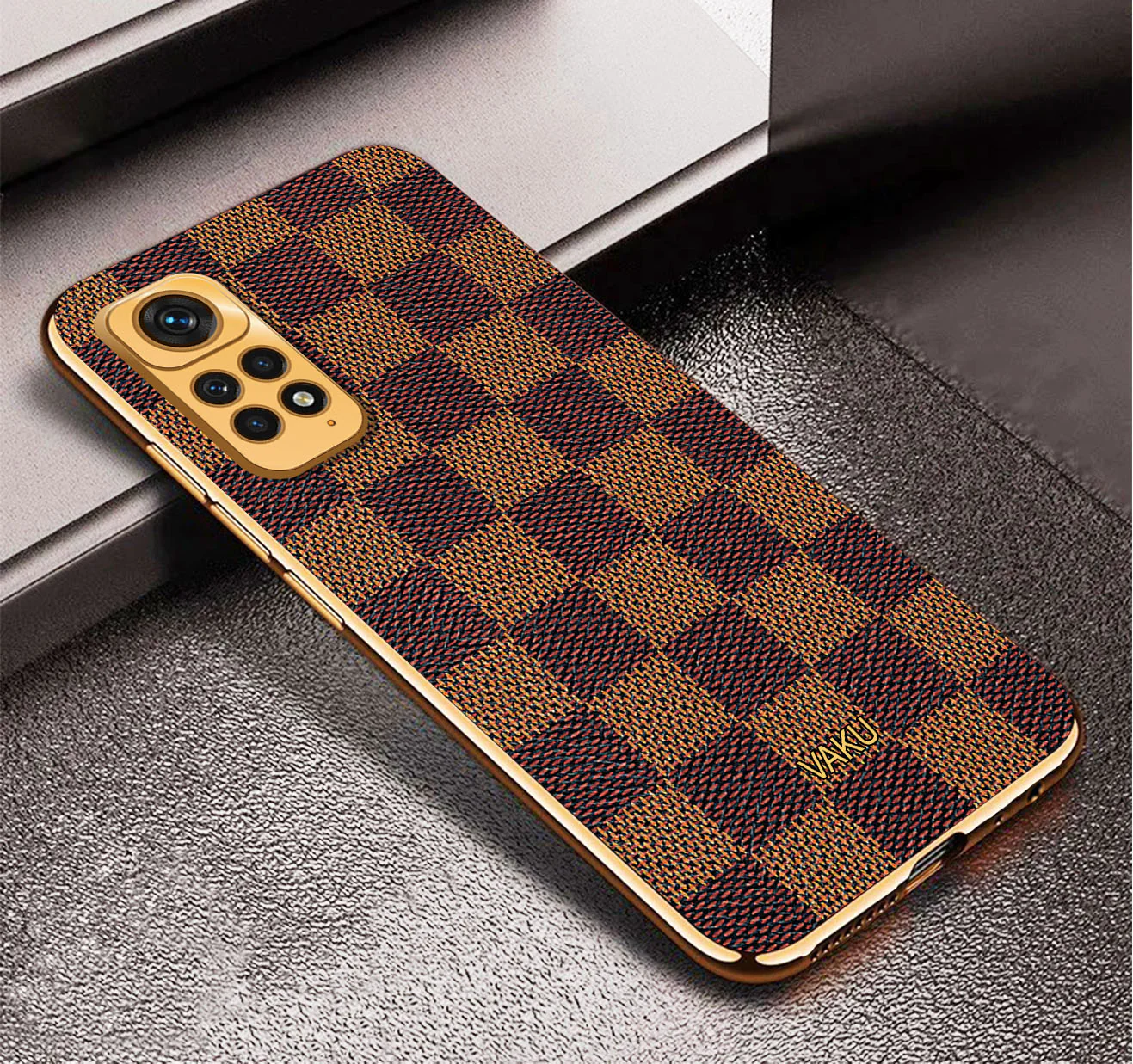 Vaku® Redmi Note 11 Cheron Series Leather Stitched Gold Electroplated Soft TPU Back Cover - Image 2