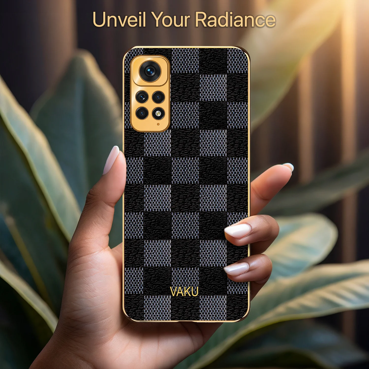 Vaku® Redmi Note 11 Cheron Series Leather Stitched Gold Electroplated Soft TPU Back Cover - Image 5