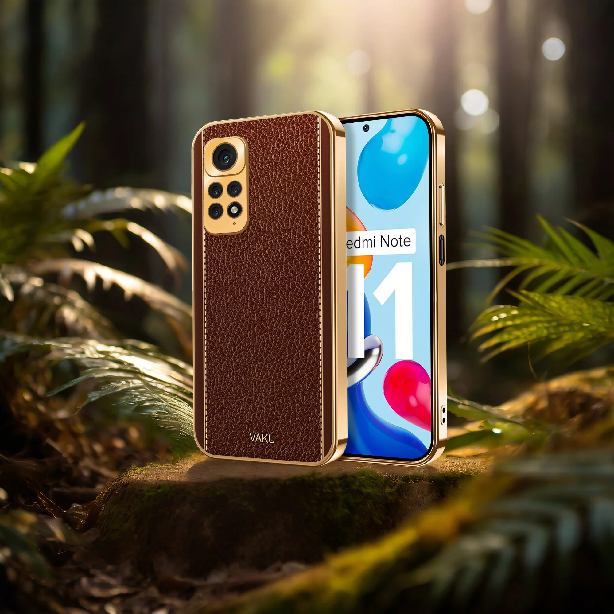 Vaku® Redmi Note 11 Luxemberg Series Leather Stitched Gold Electroplated Soft TPU Back Cover - Image 10