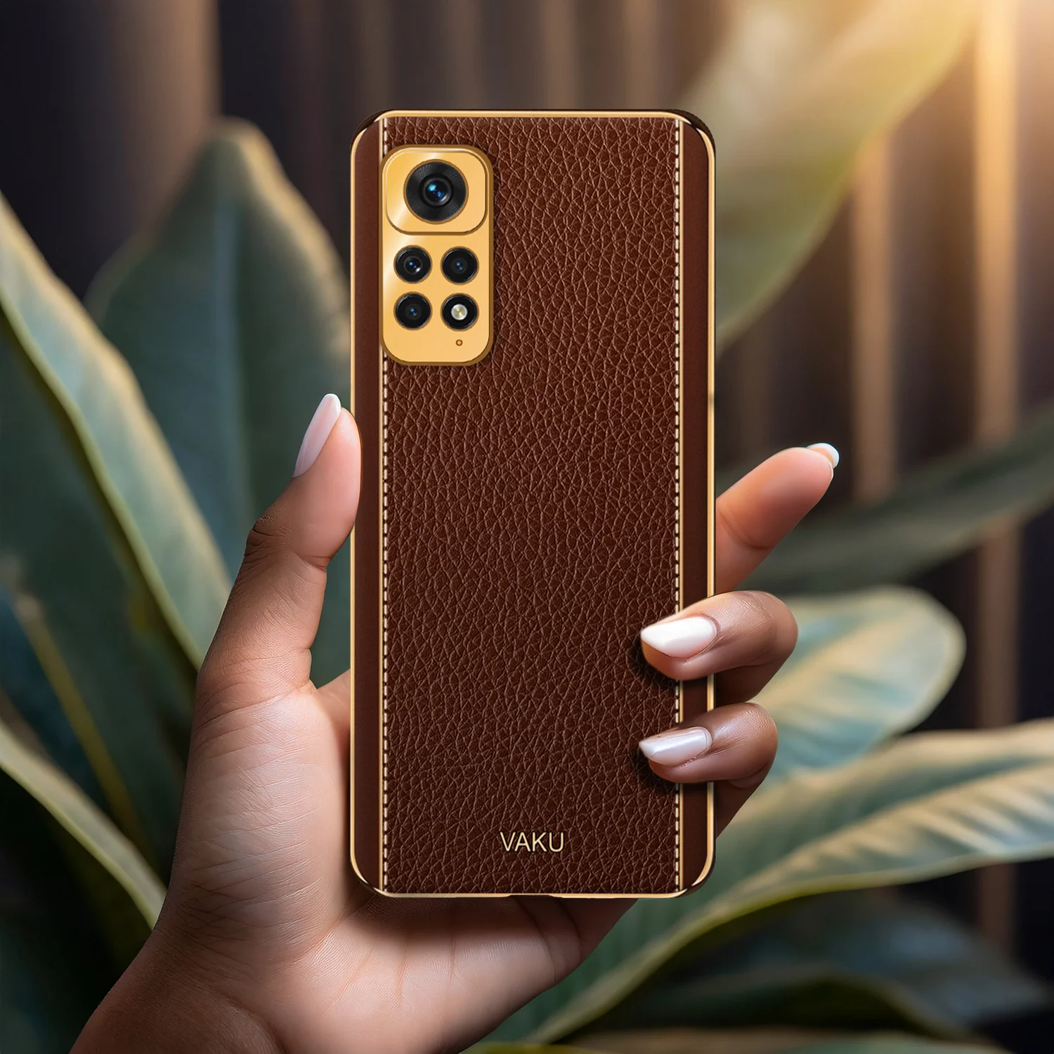 Vaku® Redmi Note 11 Luxemberg Series Leather Stitched Gold Electroplated Soft TPU Back Cover - Image 11