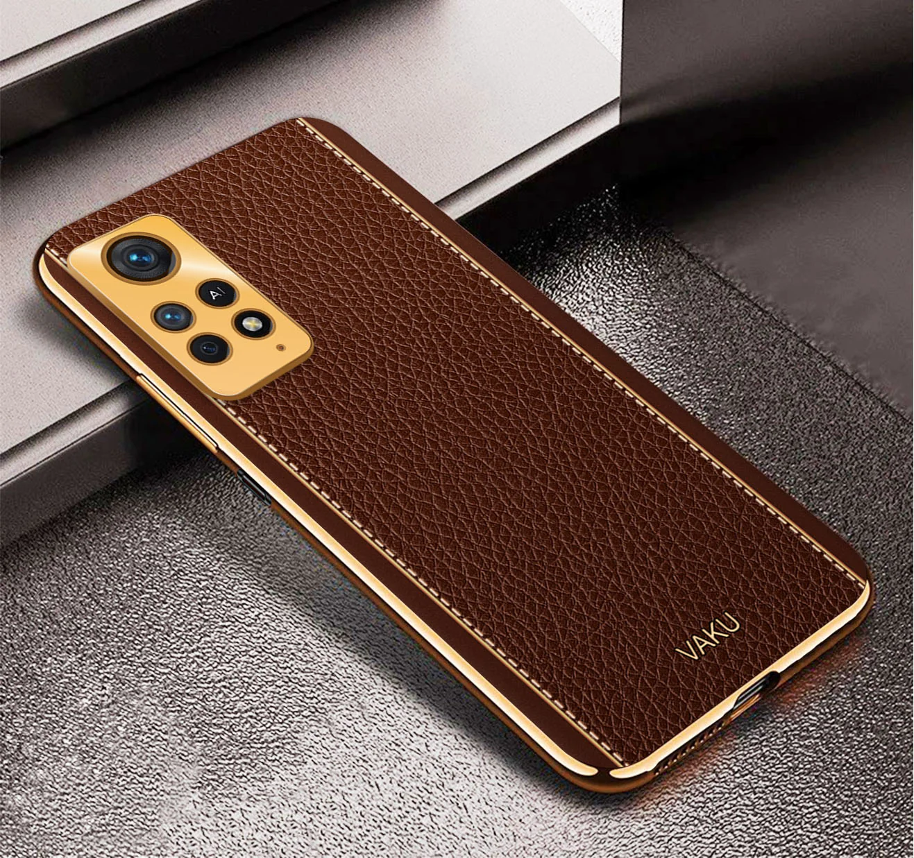 Vaku® Redmi Note 11 Pro Luxemberg Series Leather Stitched Gold Electroplated Soft TPU Back Cover - Image 4