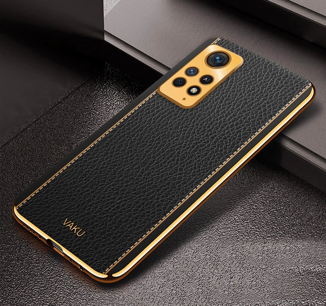 Vaku® Redmi Note 11 Pro Plus 5G Luxemberg Series Leather Stitched Gold Electroplated Soft TPU Back Cover - Image 6