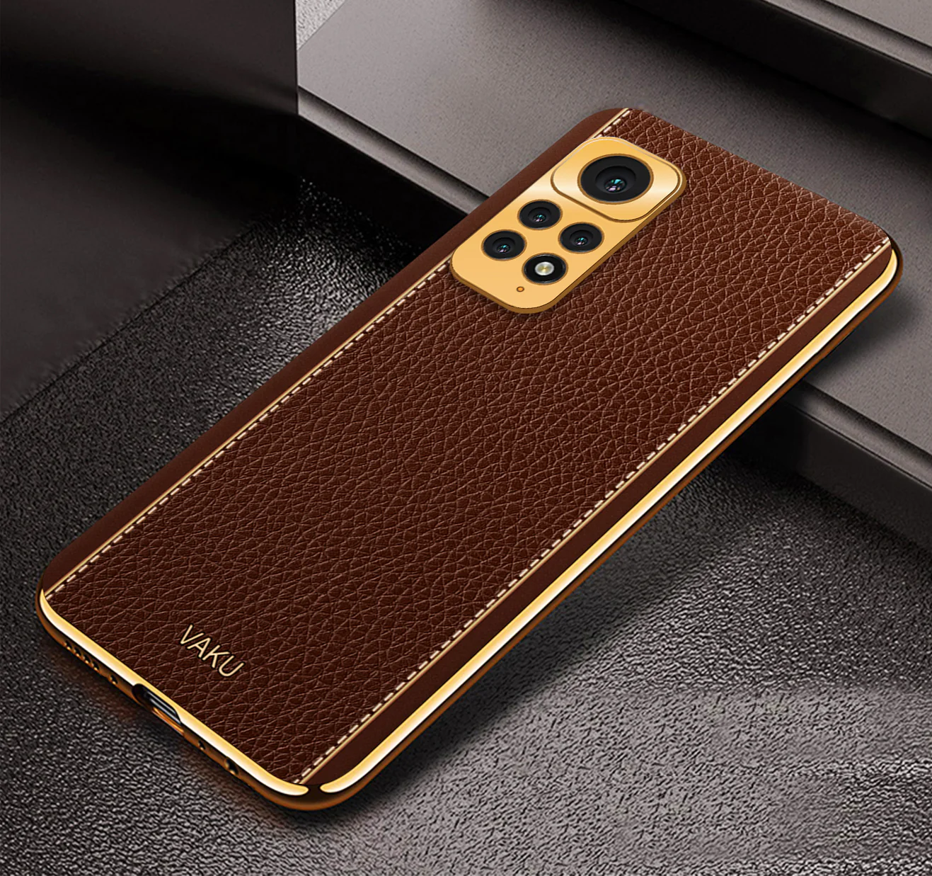 Vaku® Redmi Note 11S Luxemberg Series Leather Stitched Gold Electroplated Soft TPU Back Cover
