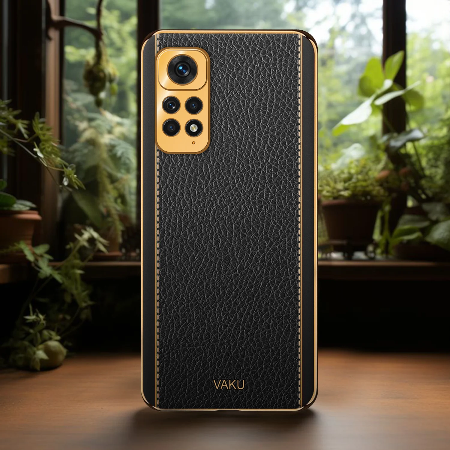 Vaku® Redmi Note 11S Luxemberg Series Leather Stitched Gold Electroplated Soft TPU Back Cover - Image 11