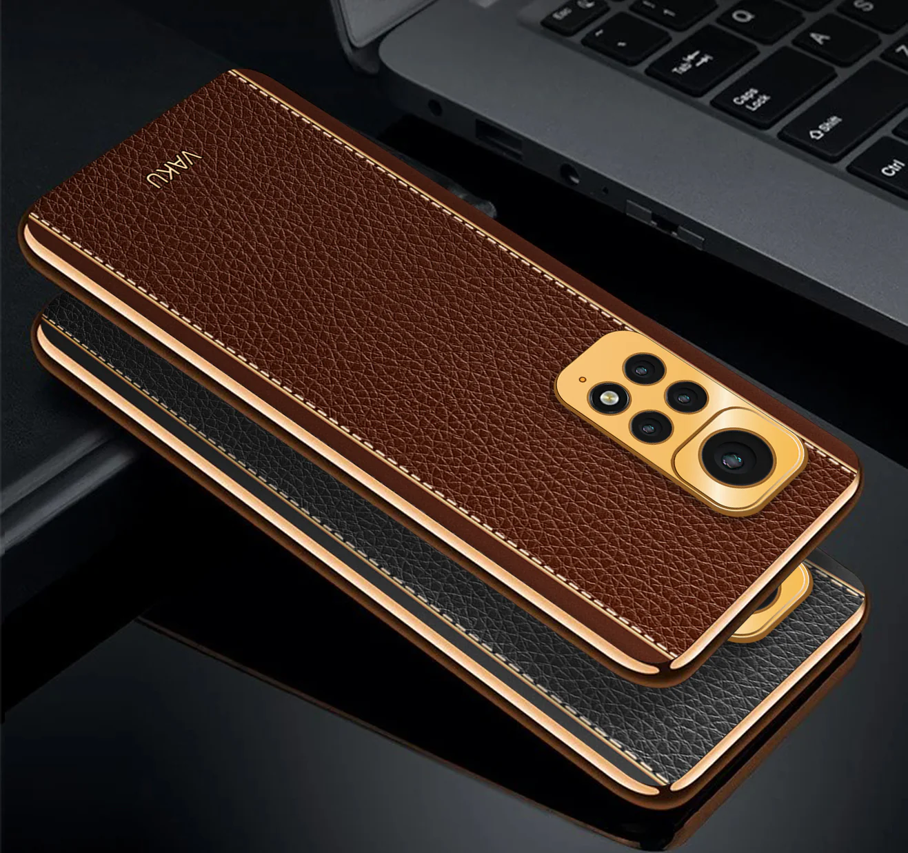 Vaku® Redmi Note 11S Luxemberg Series Leather Stitched Gold Electroplated Soft TPU Back Cover - Image 3