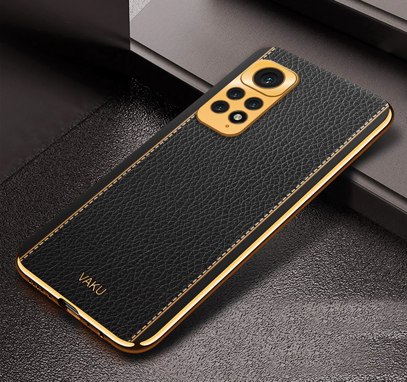 Vaku® Redmi Note 11S Luxemberg Series Leather Stitched Gold Electroplated Soft TPU Back Cover - Image 4