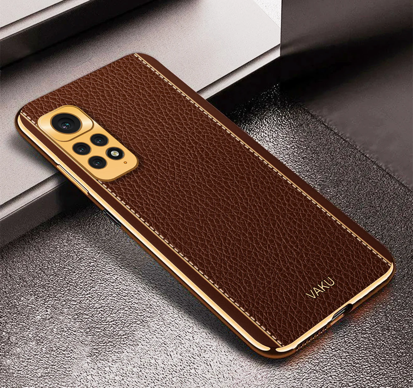 Vaku® Redmi Note 11S Luxemberg Series Leather Stitched Gold Electroplated Soft TPU Back Cover - Image 8
