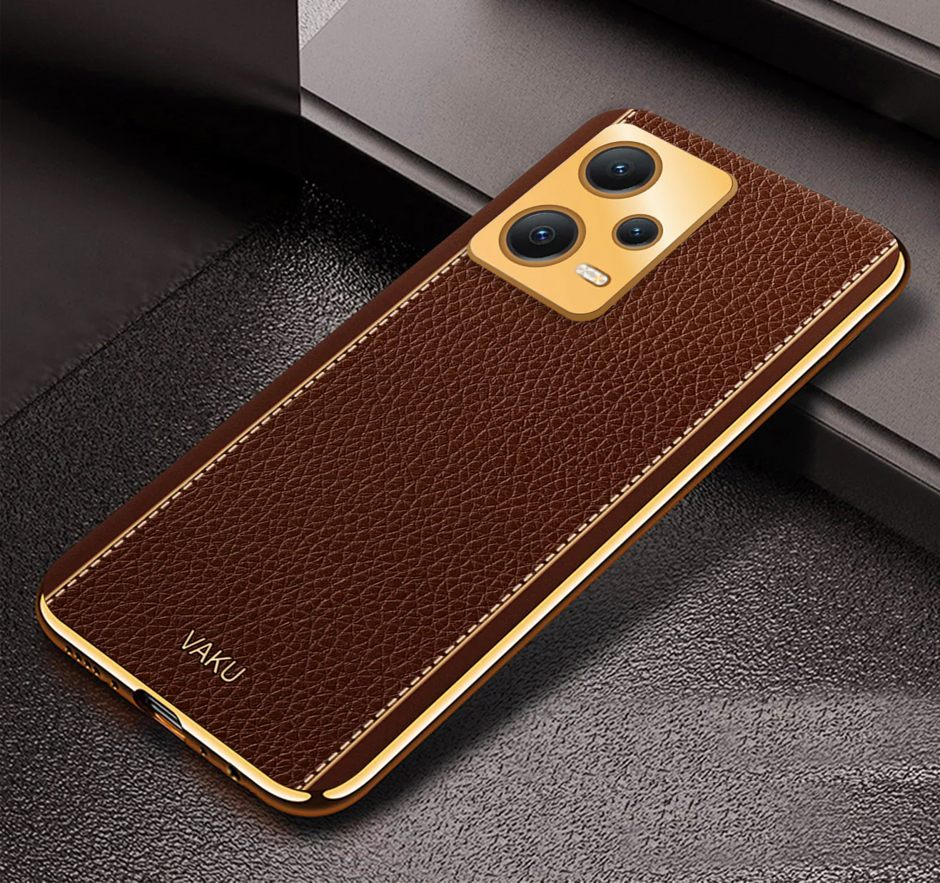 Vaku® Redmi Note 12 Pro Luxemberg Series Leather Stitched Gold Electroplated Soft TPU Back Cover