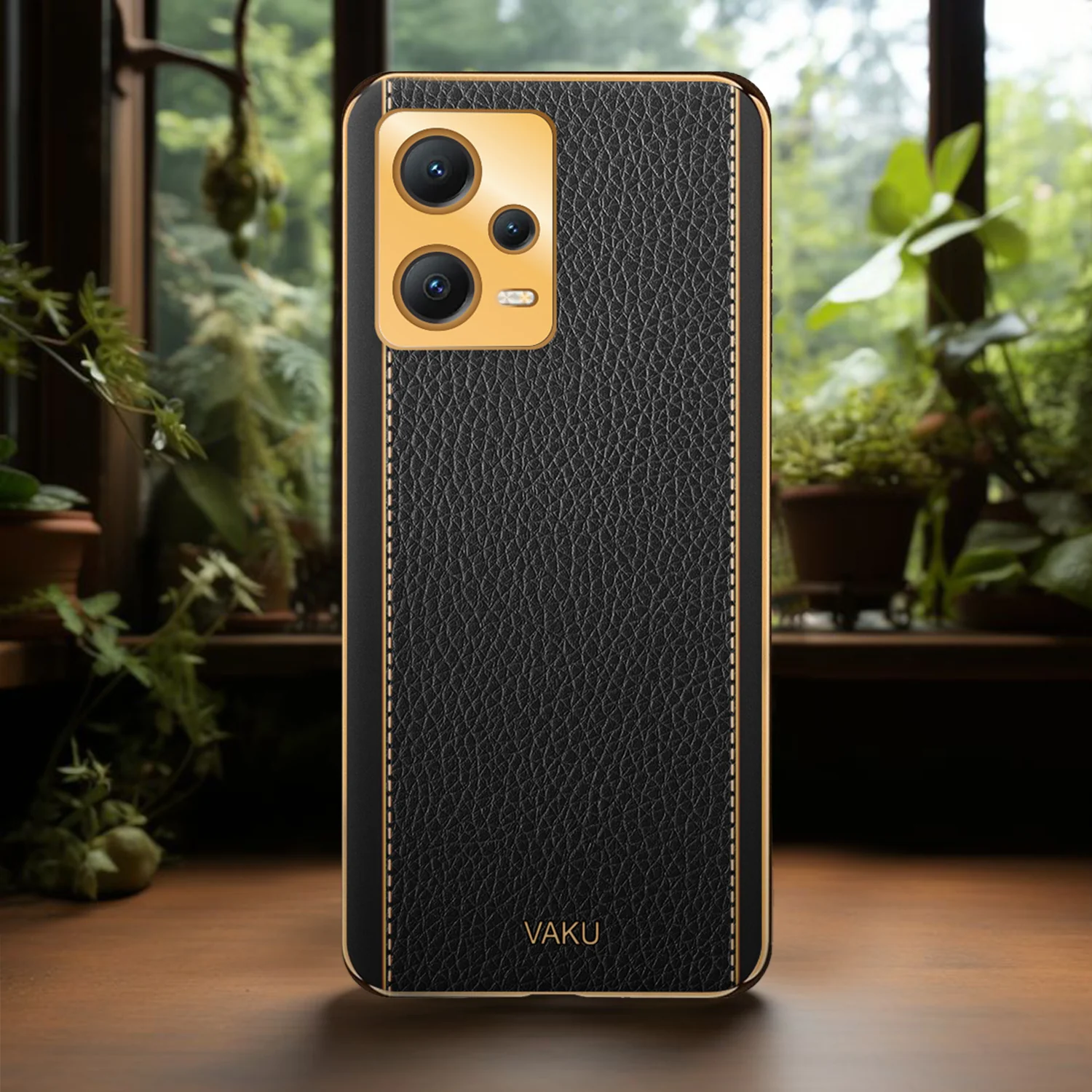 Vaku® Redmi Note 12 Pro Luxemberg Series Leather Stitched Gold Electroplated Soft TPU Back Cover - Image 11