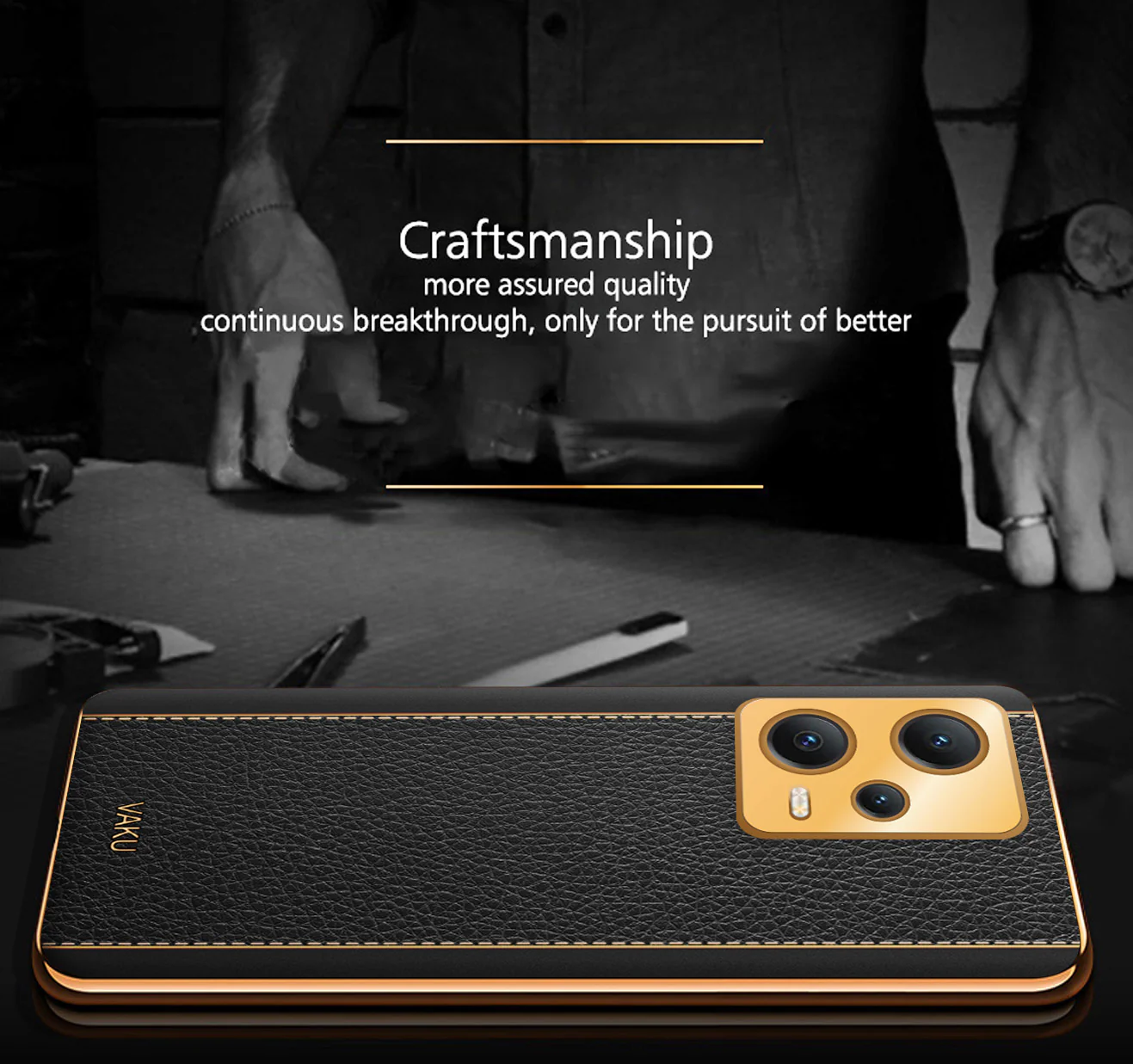 Vaku® Redmi Note 12 Pro Luxemberg Series Leather Stitched Gold Electroplated Soft TPU Back Cover - Image 13