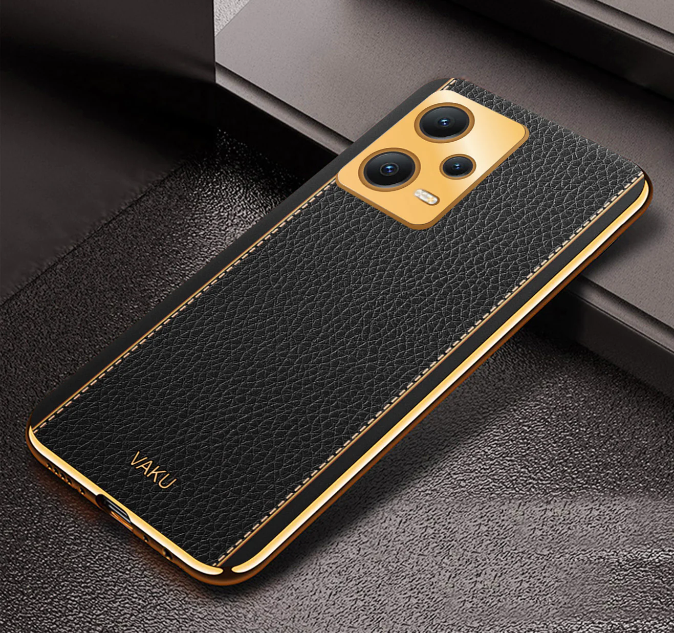 Vaku® Redmi Note 12 Pro Luxemberg Series Leather Stitched Gold Electroplated Soft TPU Back Cover - Image 5