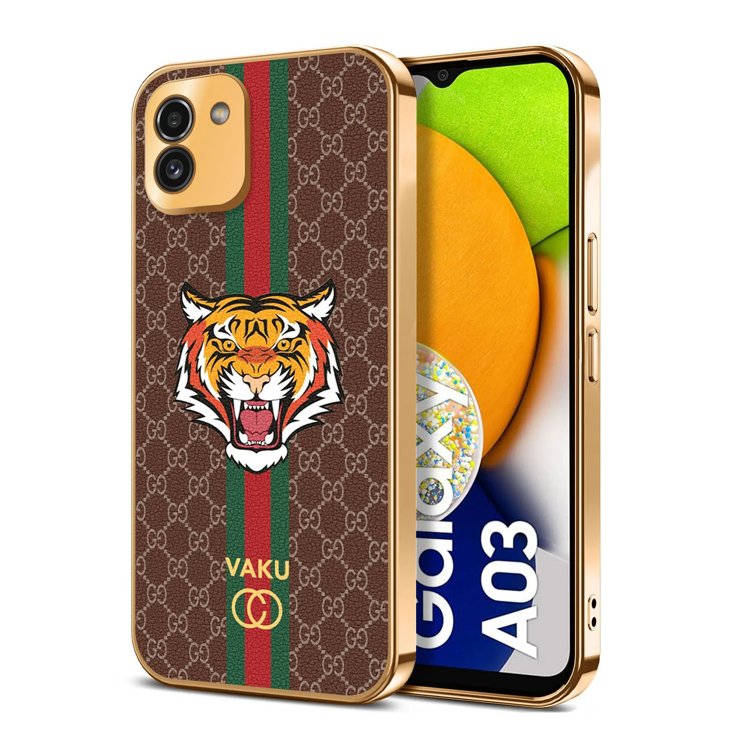 Vaku® Samsung Galaxy A03 Lynx Line Leather Stitched Gold Electroplated Soft TPU Back Cover - Image 8