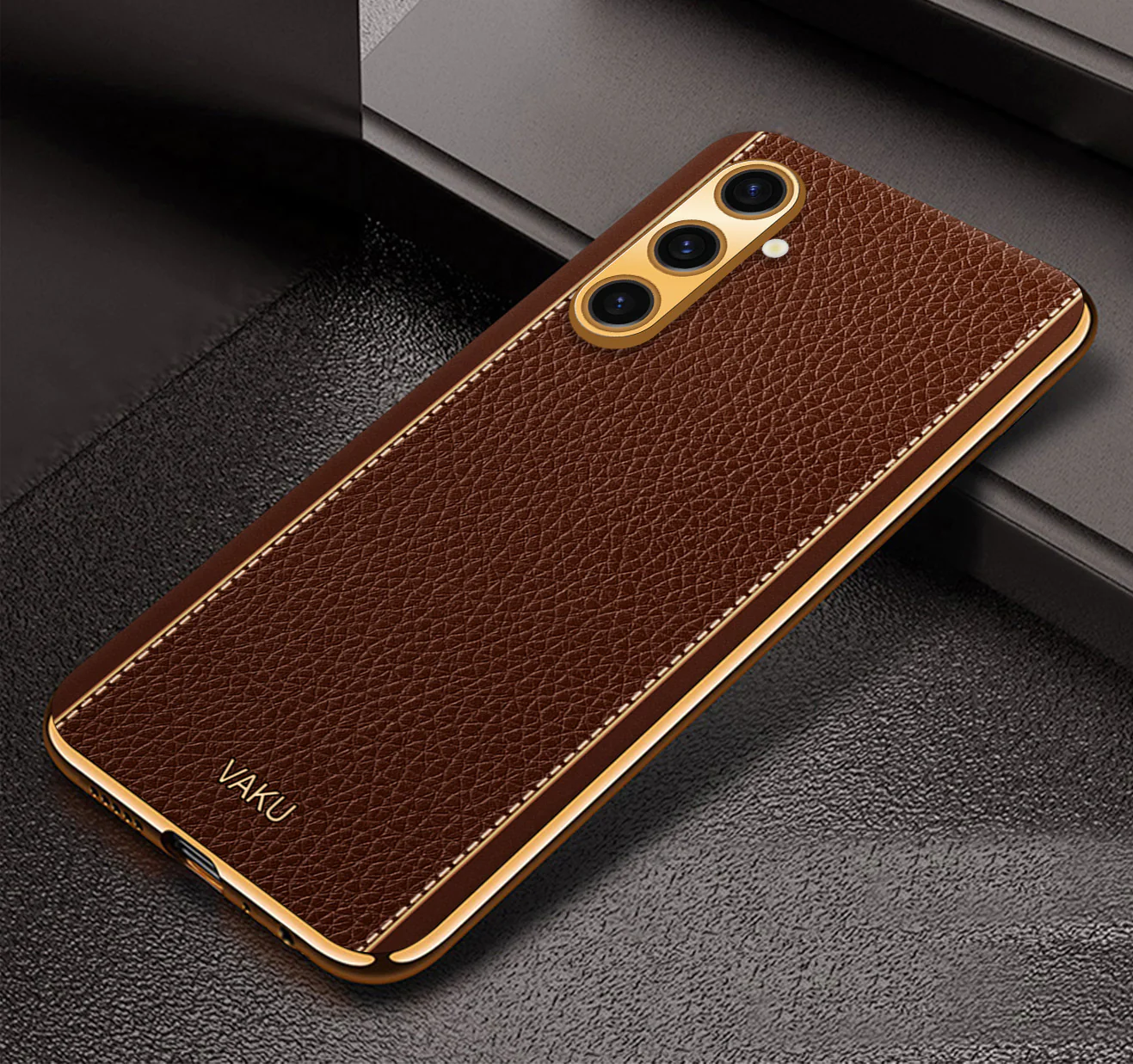 Vaku® Samsung Galaxy A04s Luxemberg Series Leather Stitched Gold Electroplated Soft TPU Back Cover