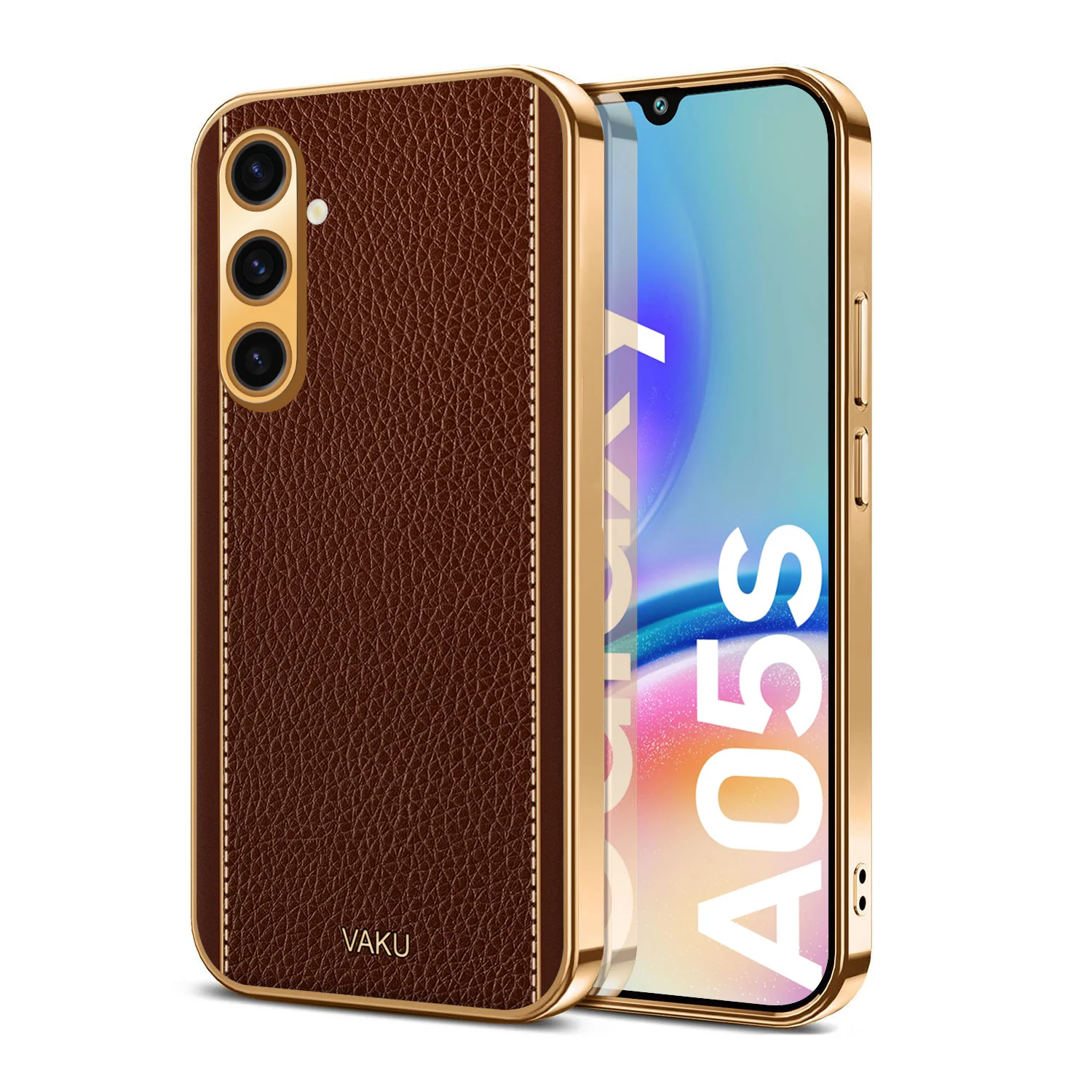 Vaku® Samsung Galaxy A04s Luxemberg Series Leather Stitched Gold Electroplated Soft TPU Back Cover - Image 10