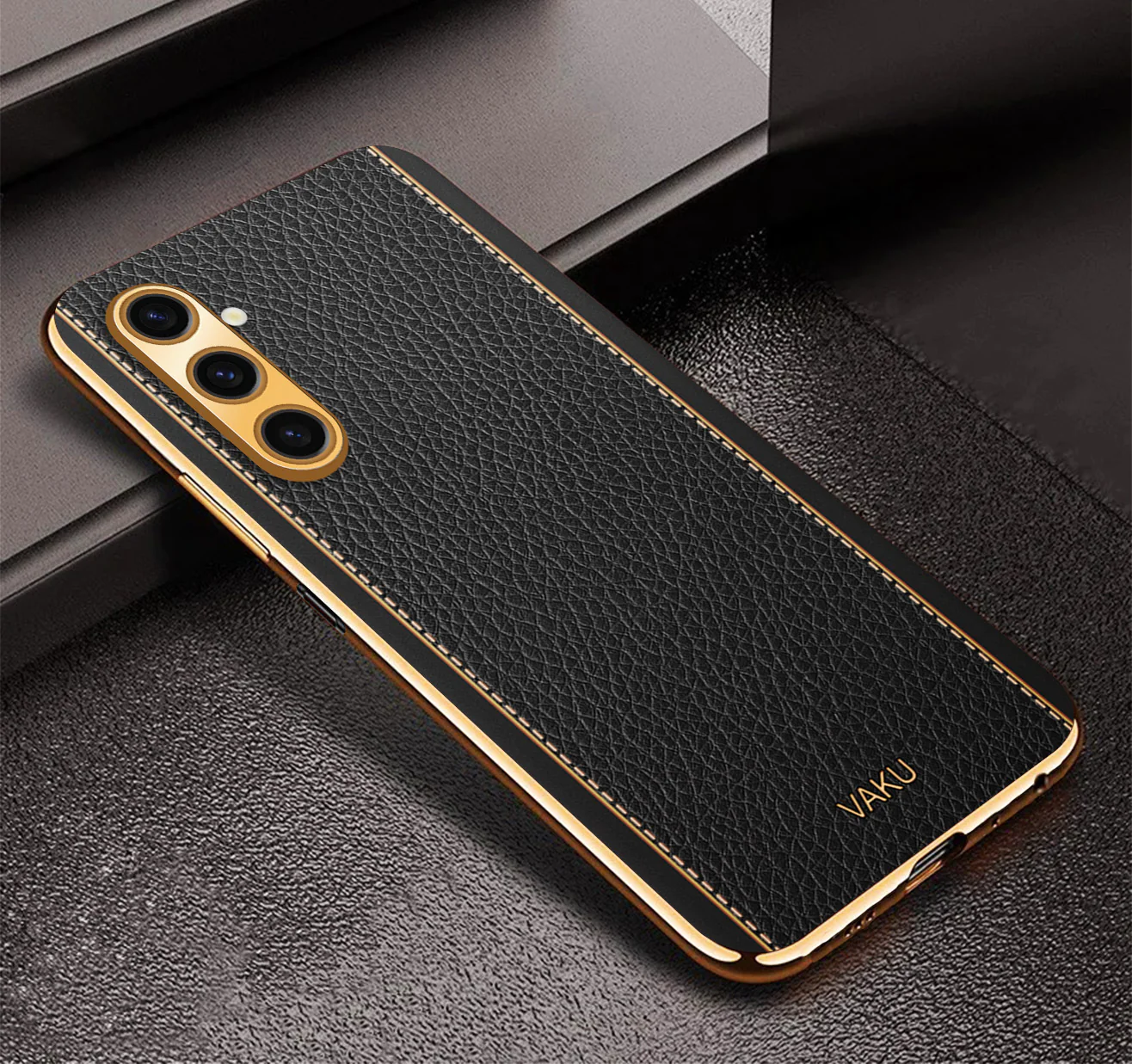 Vaku® Samsung Galaxy A04s Luxemberg Series Leather Stitched Gold Electroplated Soft TPU Back Cover - Image 12