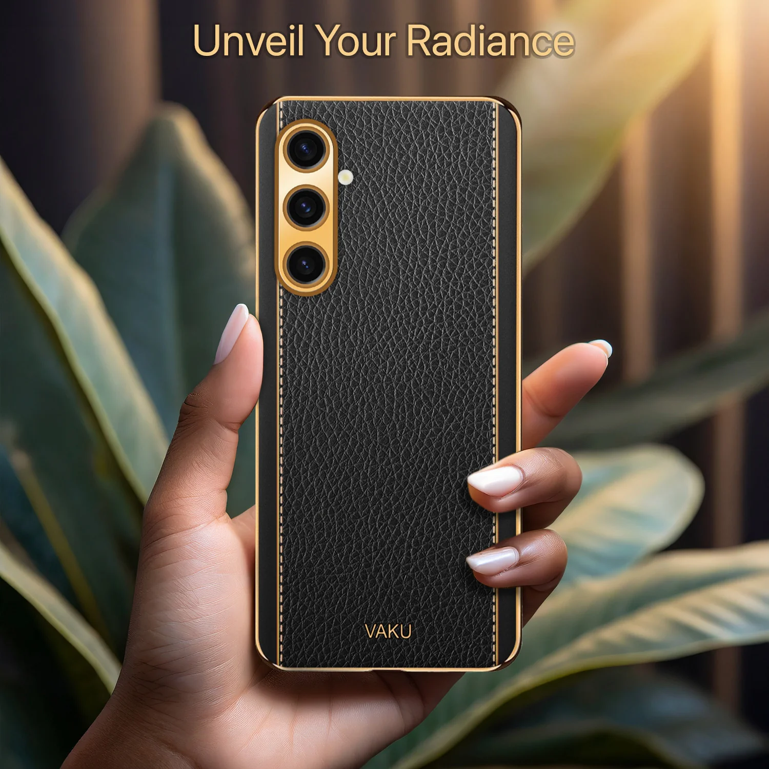 Vaku® Samsung Galaxy A04s Luxemberg Series Leather Stitched Gold Electroplated Soft TPU Back Cover - Image 15