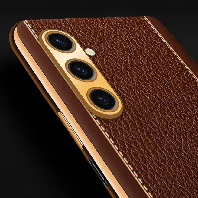 Vaku® Samsung Galaxy A04s Luxemberg Series Leather Stitched Gold Electroplated Soft TPU Back Cover - Image 2