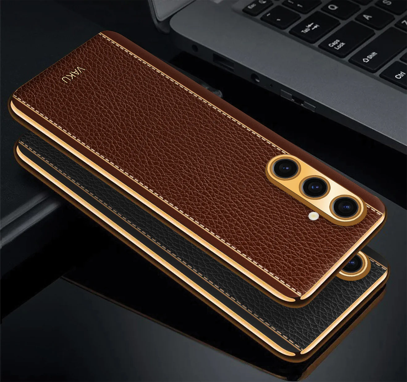 Vaku® Samsung Galaxy A04s Luxemberg Series Leather Stitched Gold Electroplated Soft TPU Back Cover - Image 3