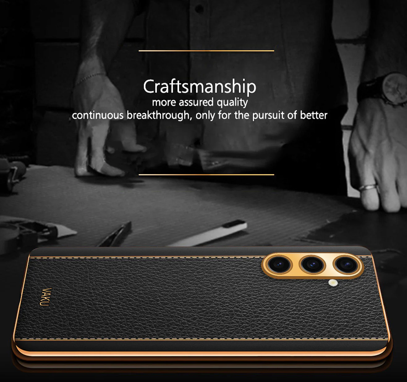 Vaku® Samsung Galaxy A04s Luxemberg Series Leather Stitched Gold Electroplated Soft TPU Back Cover - Image 4