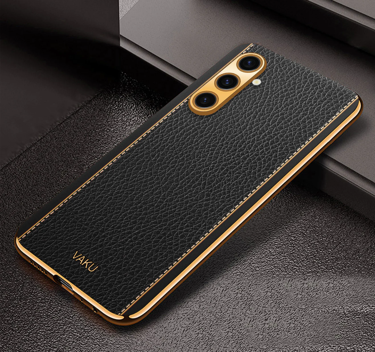 Vaku® Samsung Galaxy A04s Luxemberg Series Leather Stitched Gold Electroplated Soft TPU Back Cover - Image 5