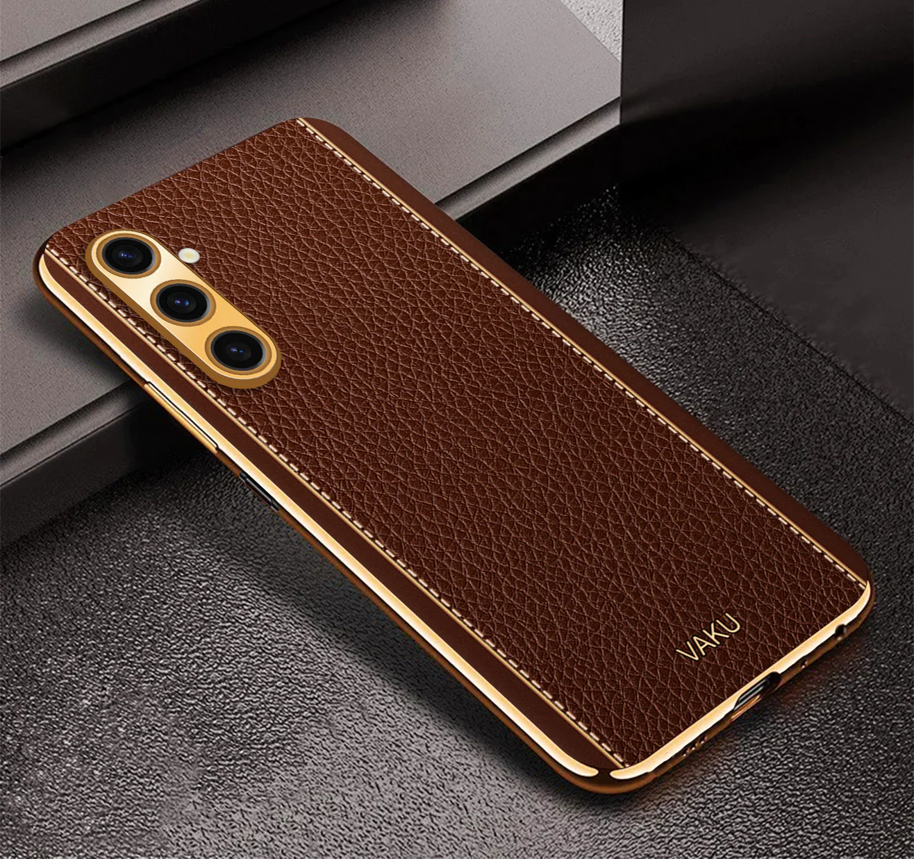 Vaku® Samsung Galaxy A04s Luxemberg Series Leather Stitched Gold Electroplated Soft TPU Back Cover - Image 8