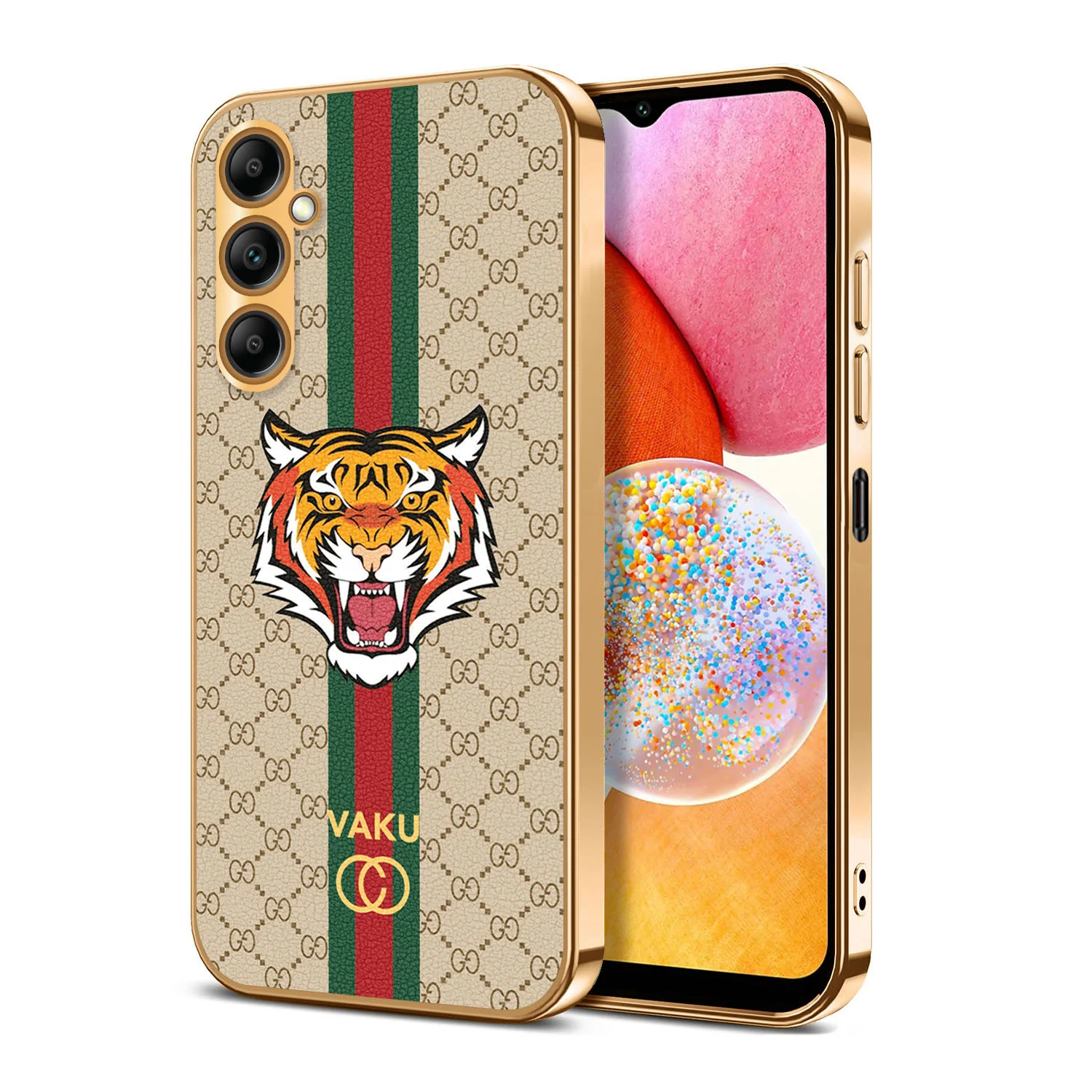 Vaku® Samsung Galaxy A14 5G Lynx Leather Stitched Gold Electroplated Soft TPU Back Cover Case - Image 13