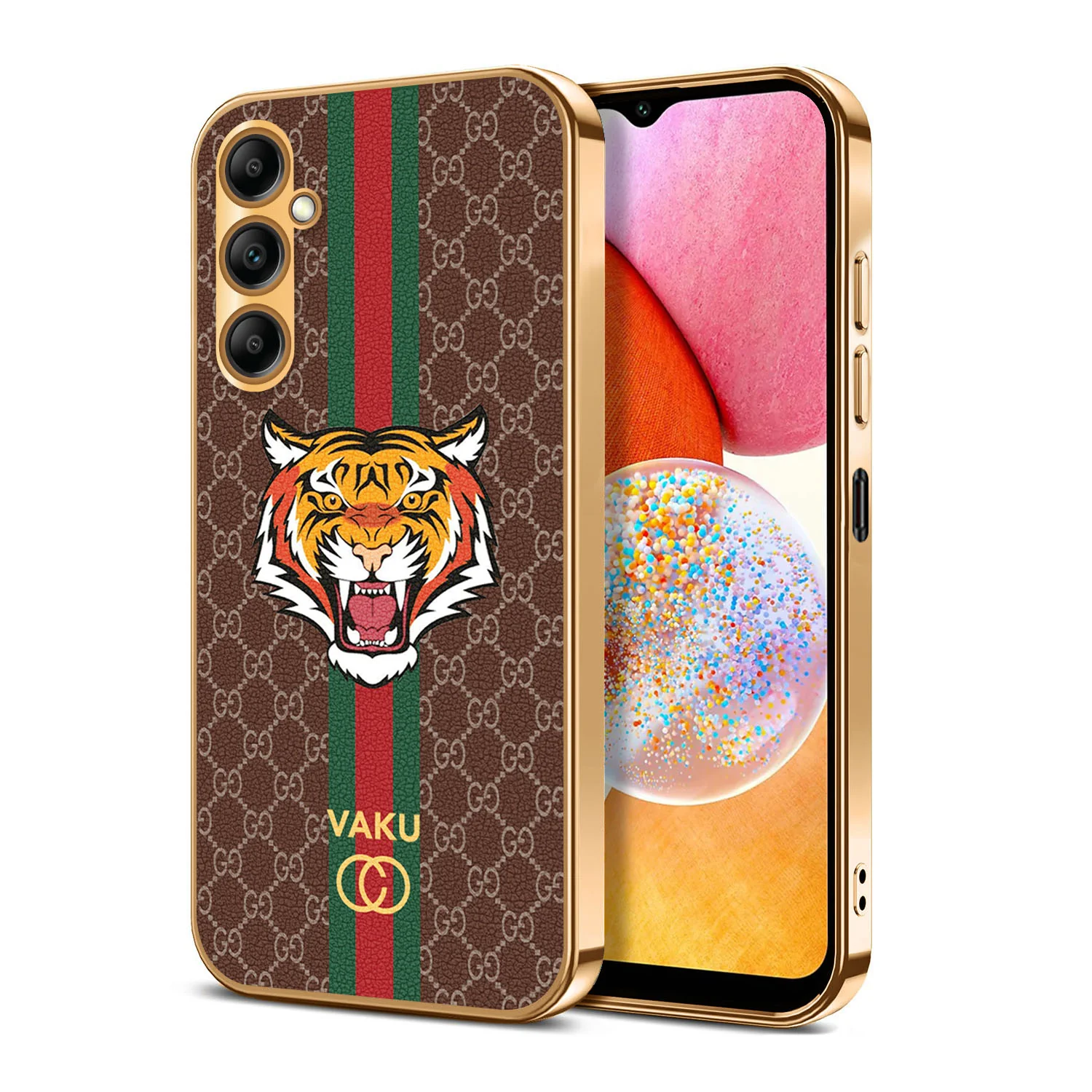 Vaku® Samsung Galaxy A14 5G Lynx Leather Stitched Gold Electroplated Soft TPU Back Cover Case - Image 4