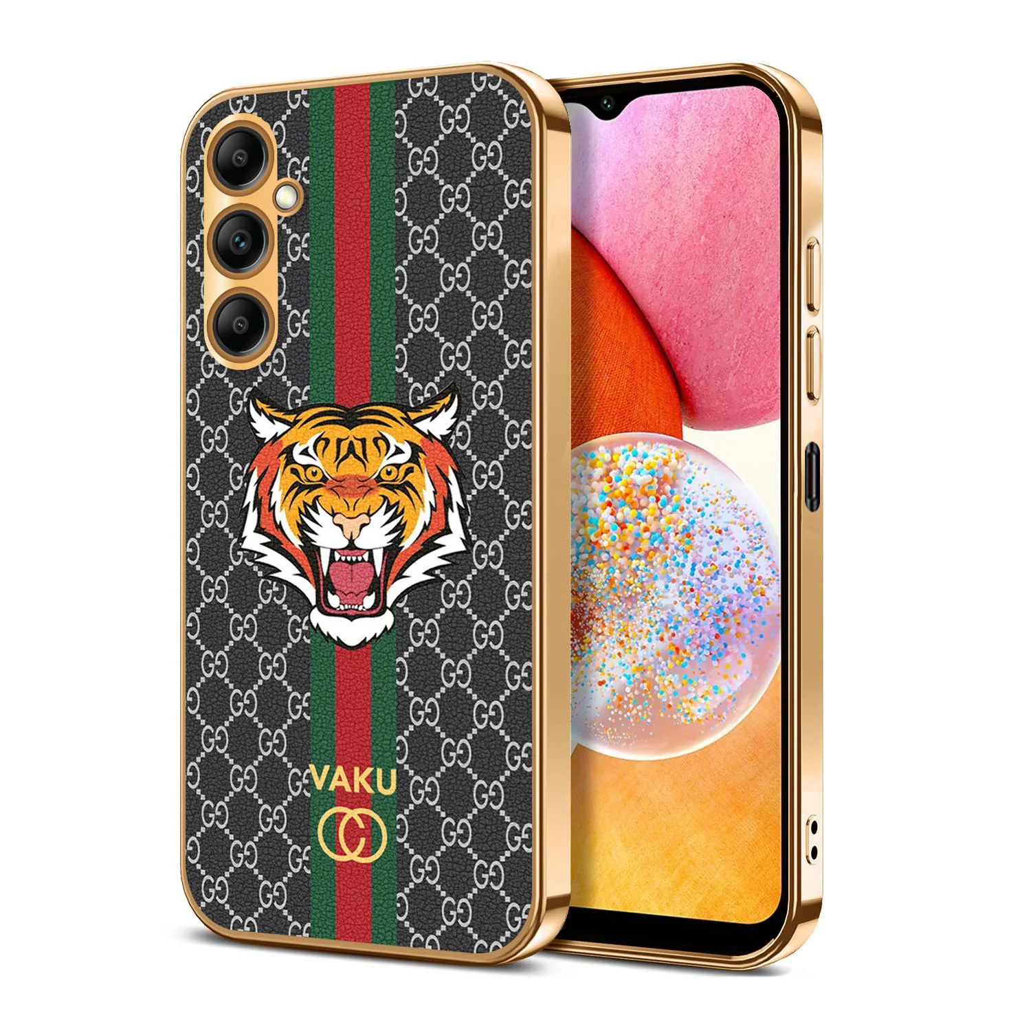 Vaku® Samsung Galaxy A14 5G Lynx Leather Stitched Gold Electroplated Soft TPU Back Cover Case - Image 5