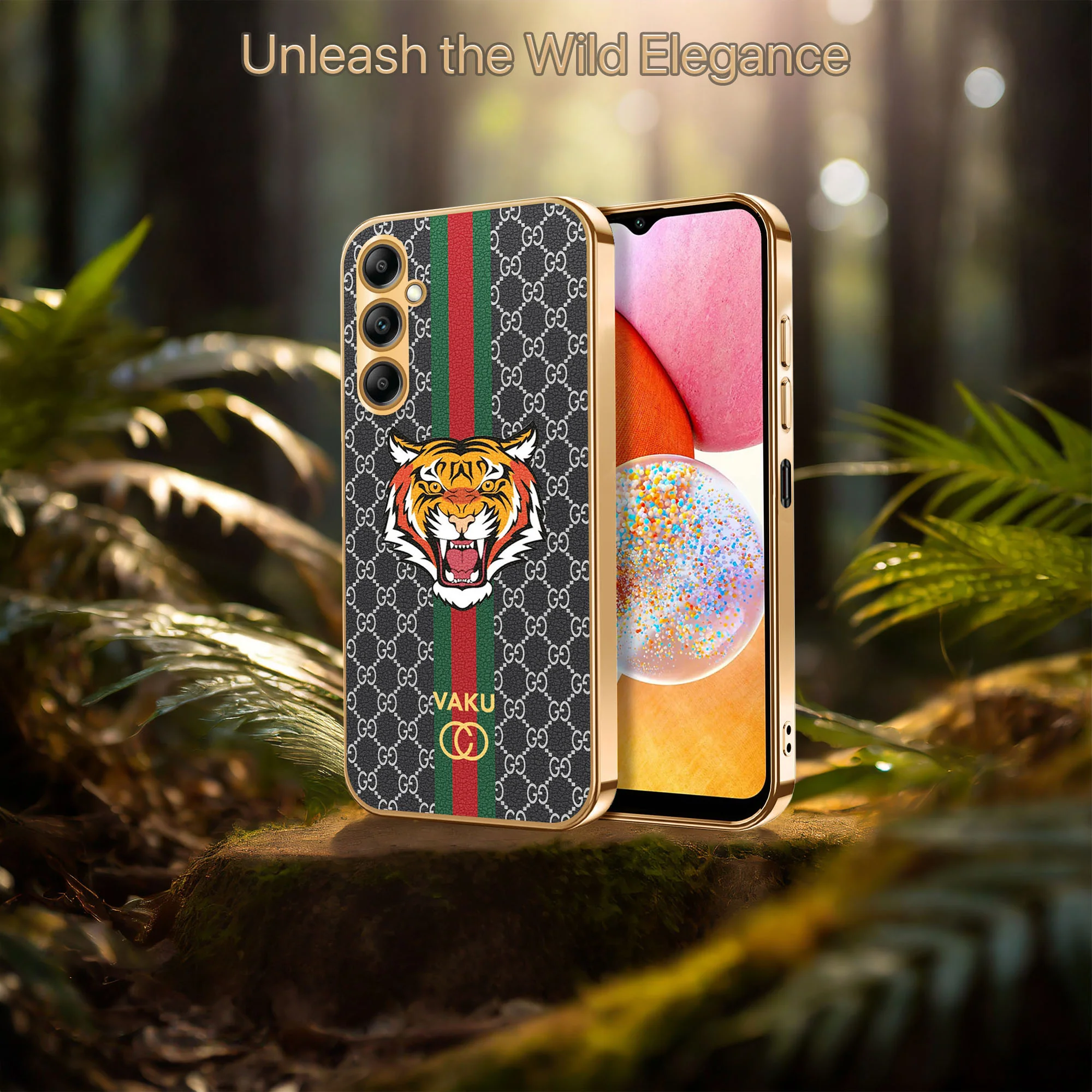 Vaku® Samsung Galaxy A14 5G Lynx Leather Stitched Gold Electroplated Soft TPU Back Cover Case - Image 9
