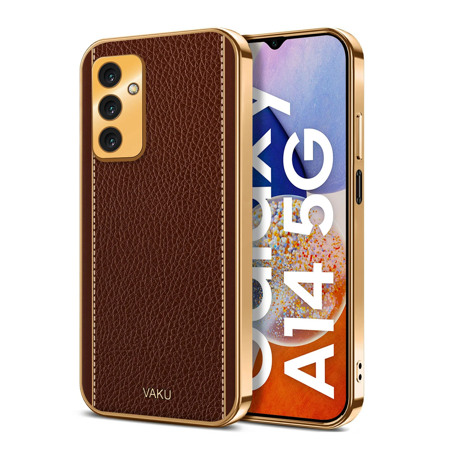 Vaku® Samsung Galaxy A14 Luxemberg Series Leather Stitched Gold Electroplated Soft TPU Back Cover - Image 10