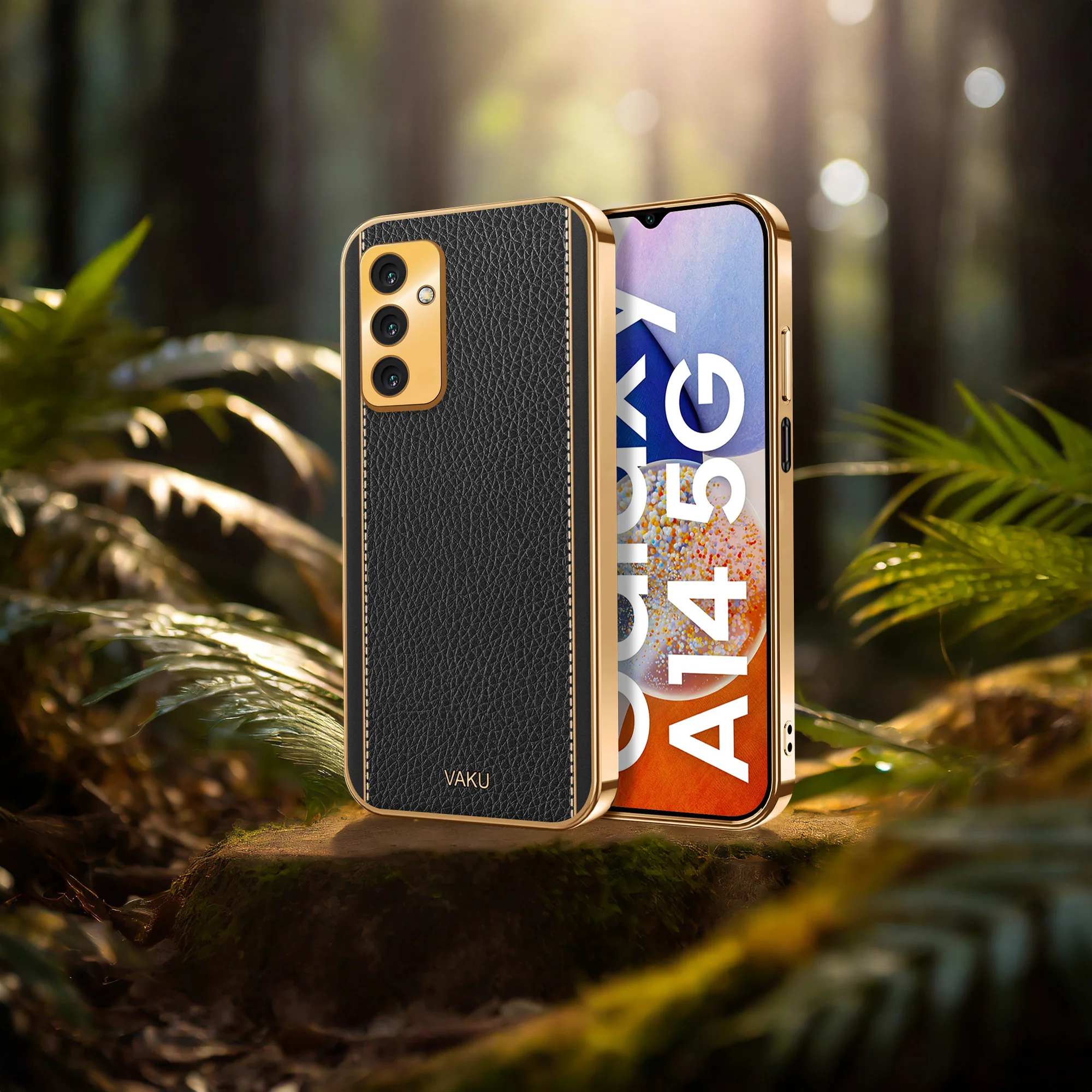 Vaku® Samsung Galaxy A14 Luxemberg Series Leather Stitched Gold Electroplated Soft TPU Back Cover - Image 13