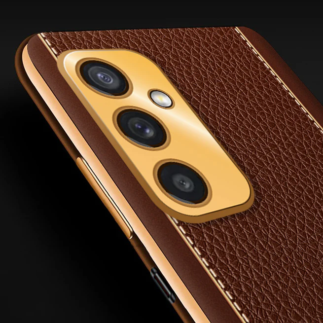 Vaku® Samsung Galaxy A14 Luxemberg Series Leather Stitched Gold Electroplated Soft TPU Back Cover - Image 2