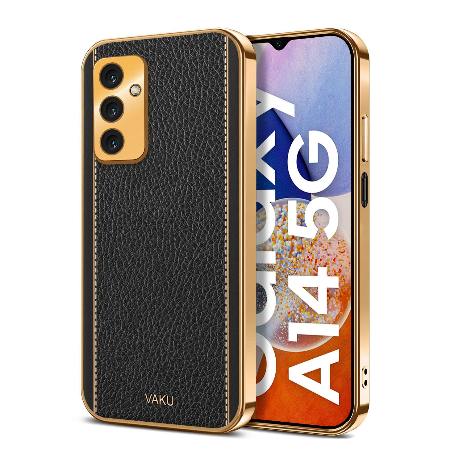 Vaku® Samsung Galaxy A14 Luxemberg Series Leather Stitched Gold Electroplated Soft TPU Back Cover - Image 7
