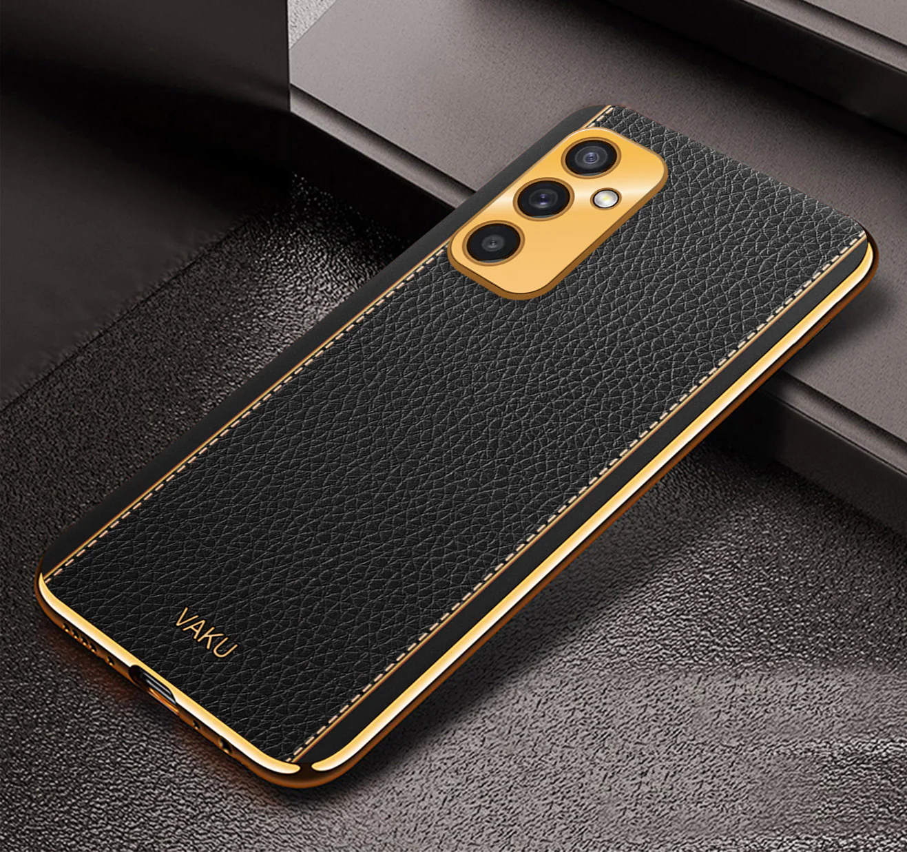 Vaku® Samsung Galaxy A14 Luxemberg Series Leather Stitched Gold Electroplated Soft TPU Back Cover - Image 9
