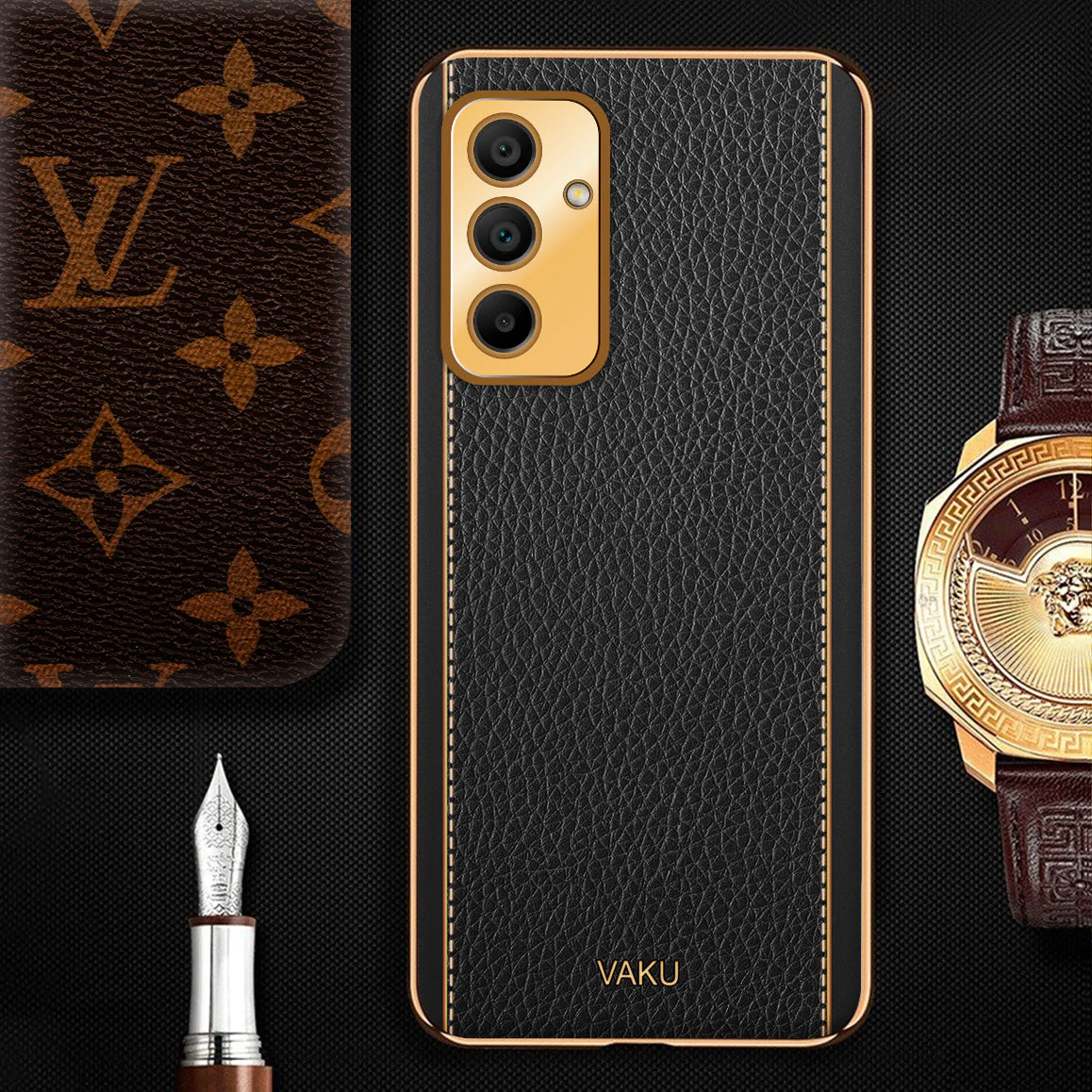 Vaku ® Samsung Galaxy A15 5G Luxemberg Leather Pattern Gold Electroplated Soft TPU Back Cover - Image 16