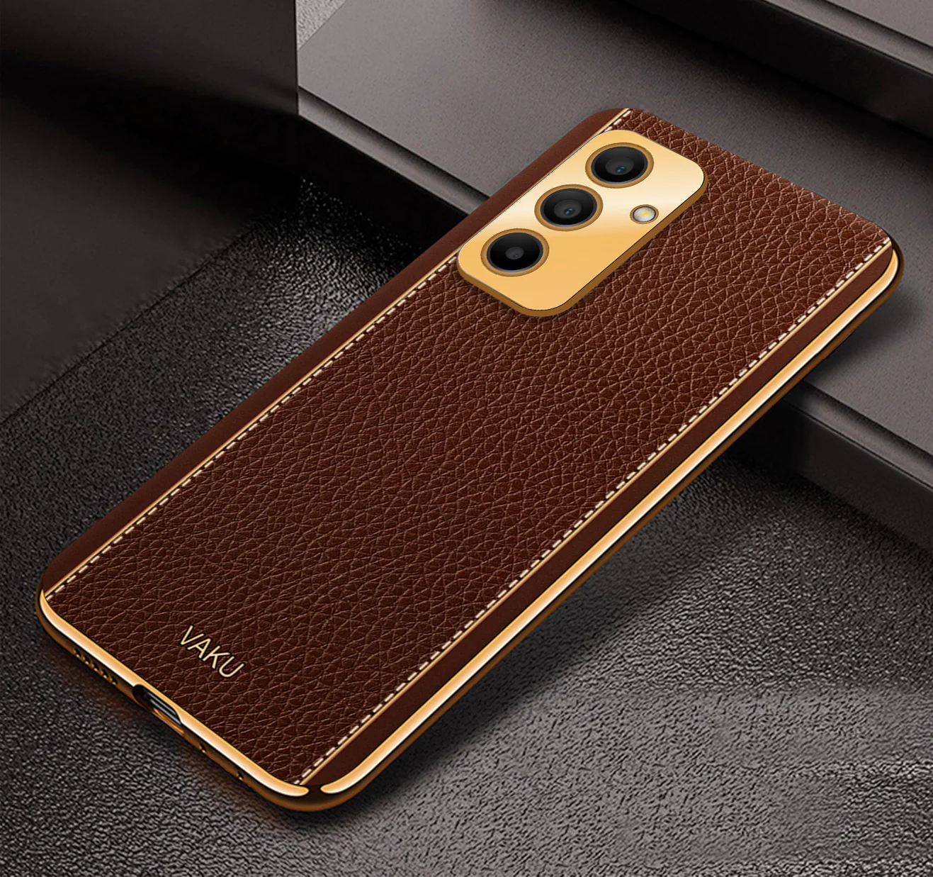 Vaku ® Samsung Galaxy A15 5G Luxemberg Leather Pattern Gold Electroplated Soft TPU Back Cover - Image 2