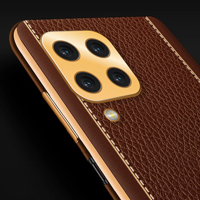 Vaku® Samsung Galaxy A22 4G Luxemberg Series Leather Stitched Gold Electroplated Soft TPU Back Cover - Image 2