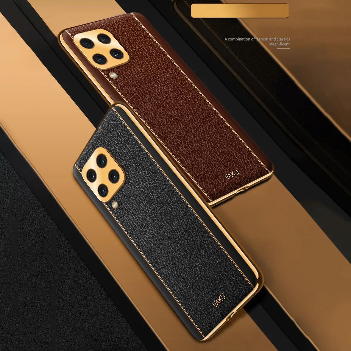 Vaku® Samsung Galaxy A22 4G Luxemberg Series Leather Stitched Gold Electroplated Soft TPU Back Cover - Image 6