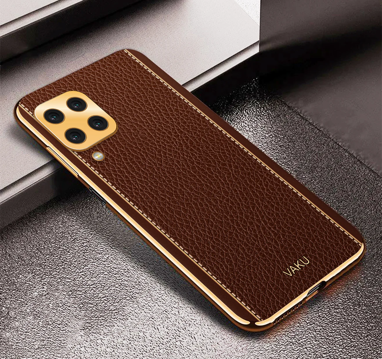 Vaku® Samsung Galaxy A22 4G Luxemberg Series Leather Stitched Gold Electroplated Soft TPU Back Cover - Image 8