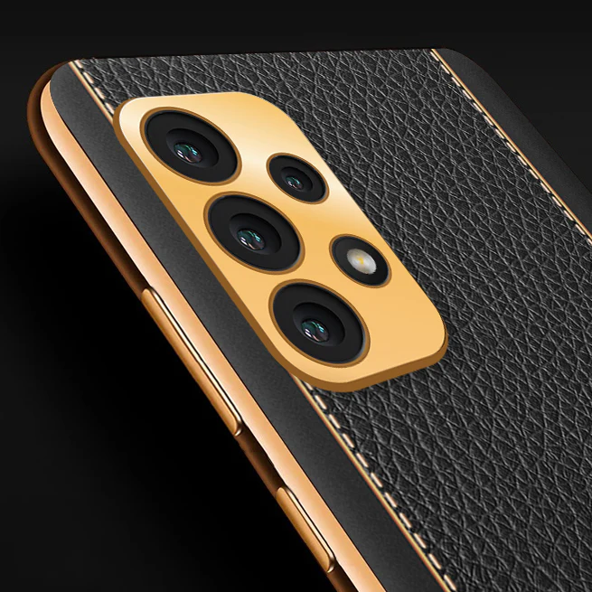 Vaku® Samsung Galaxy A32 4G Luxemberg Series Leather Stitched Gold Electroplated Soft TPU Back Cover - Image 2
