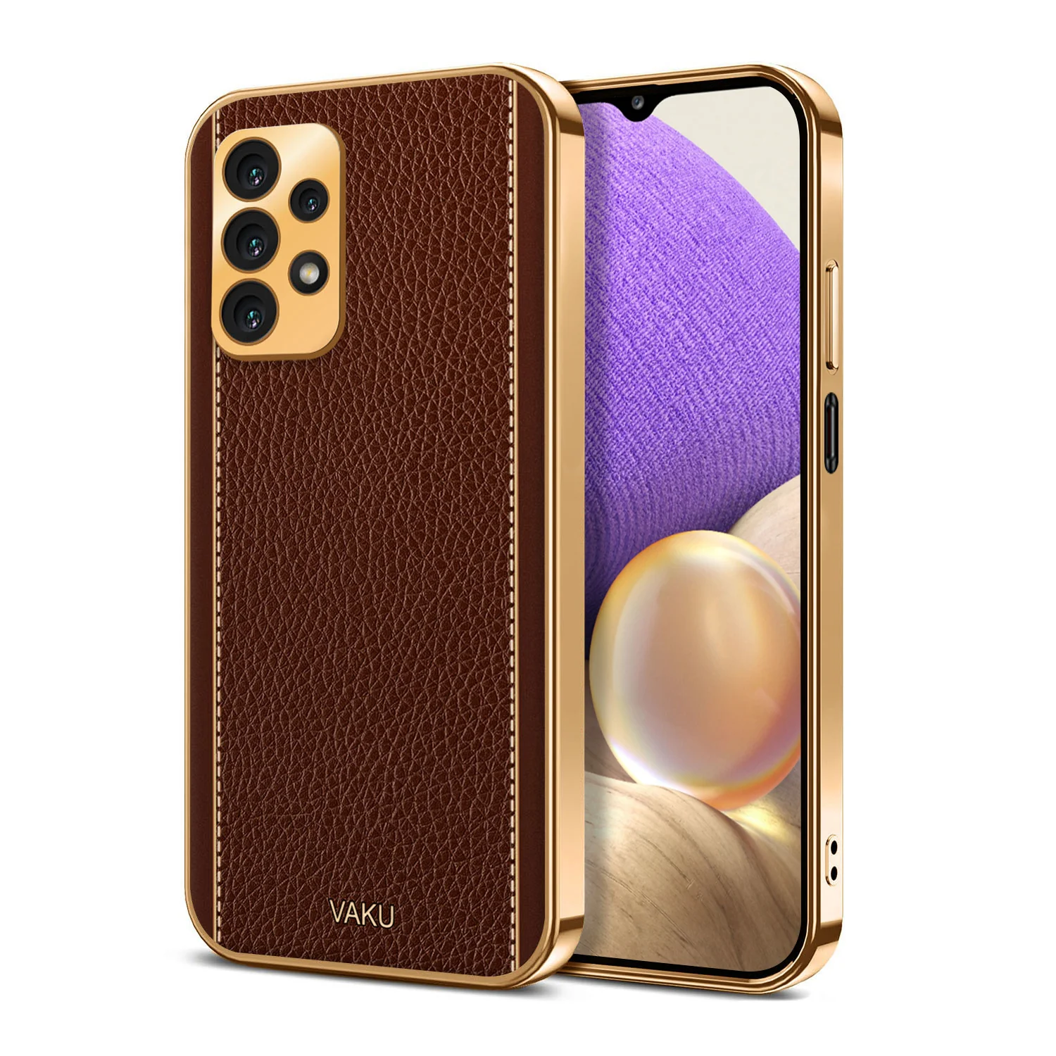 Vaku® Samsung Galaxy A32 4G Luxemberg Series Leather Stitched Gold Electroplated Soft TPU Back Cover - Image 4