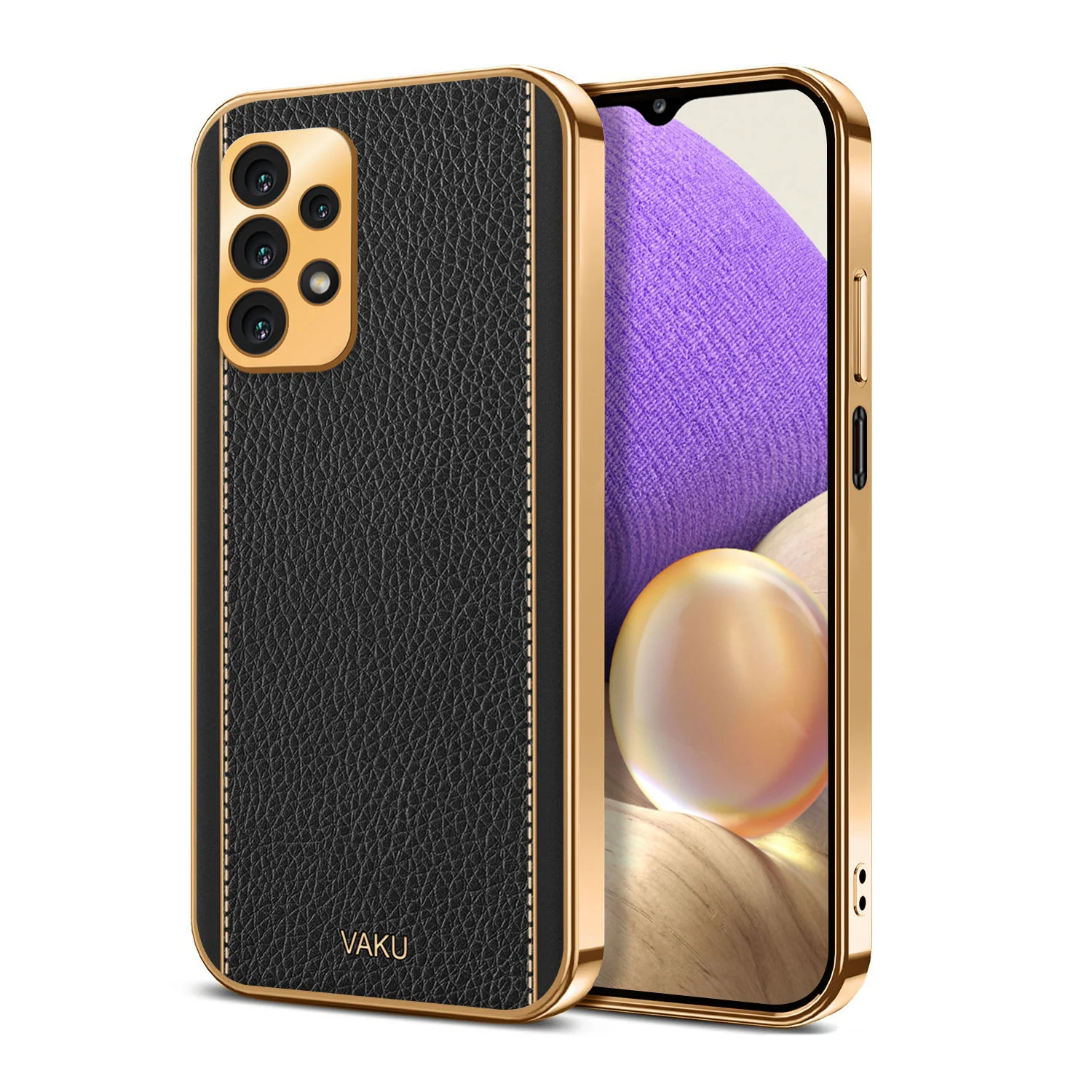 Vaku® Samsung Galaxy A32 4G Luxemberg Series Leather Stitched Gold Electroplated Soft TPU Back Cover - Image 5