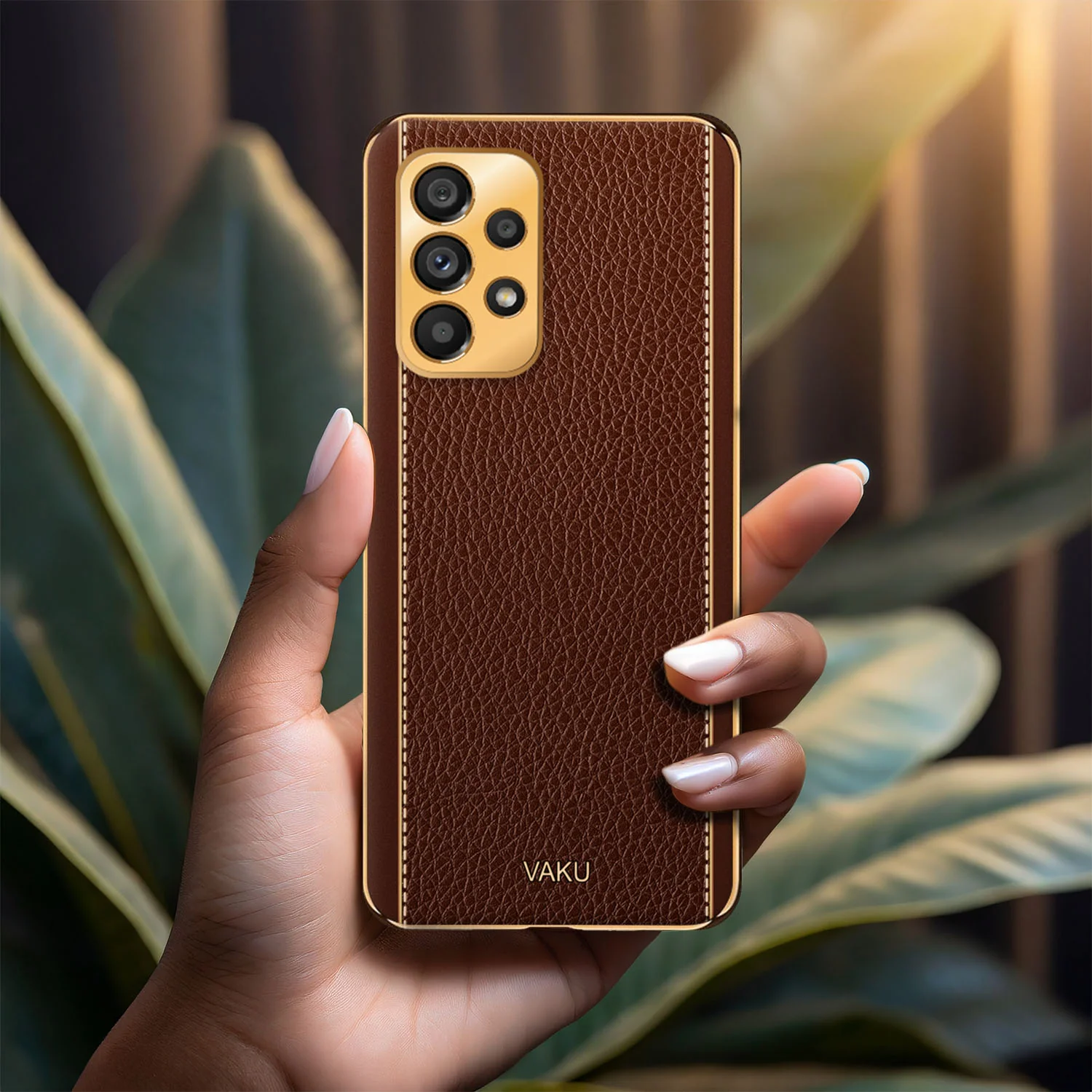 Vaku® Samsung Galaxy A32 4G Luxemberg Series Leather Stitched Gold Electroplated Soft TPU Back Cover - Image 9