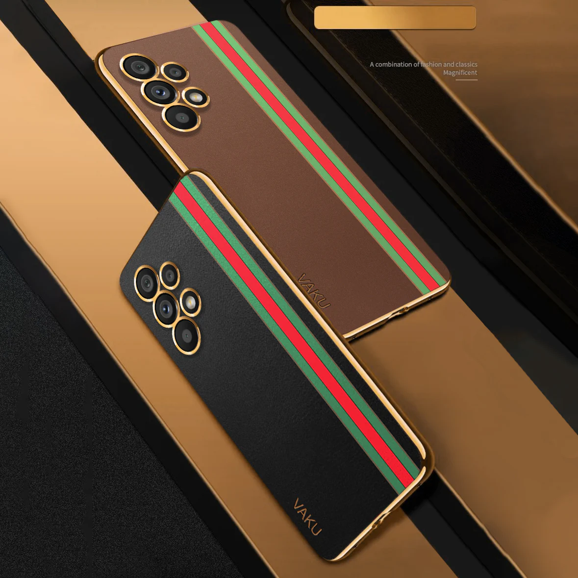 Vaku® Samsung Galaxy A33 5G Felix Line Leather Stitched Gold Electroplated Soft TPU Back Cover - Image 6