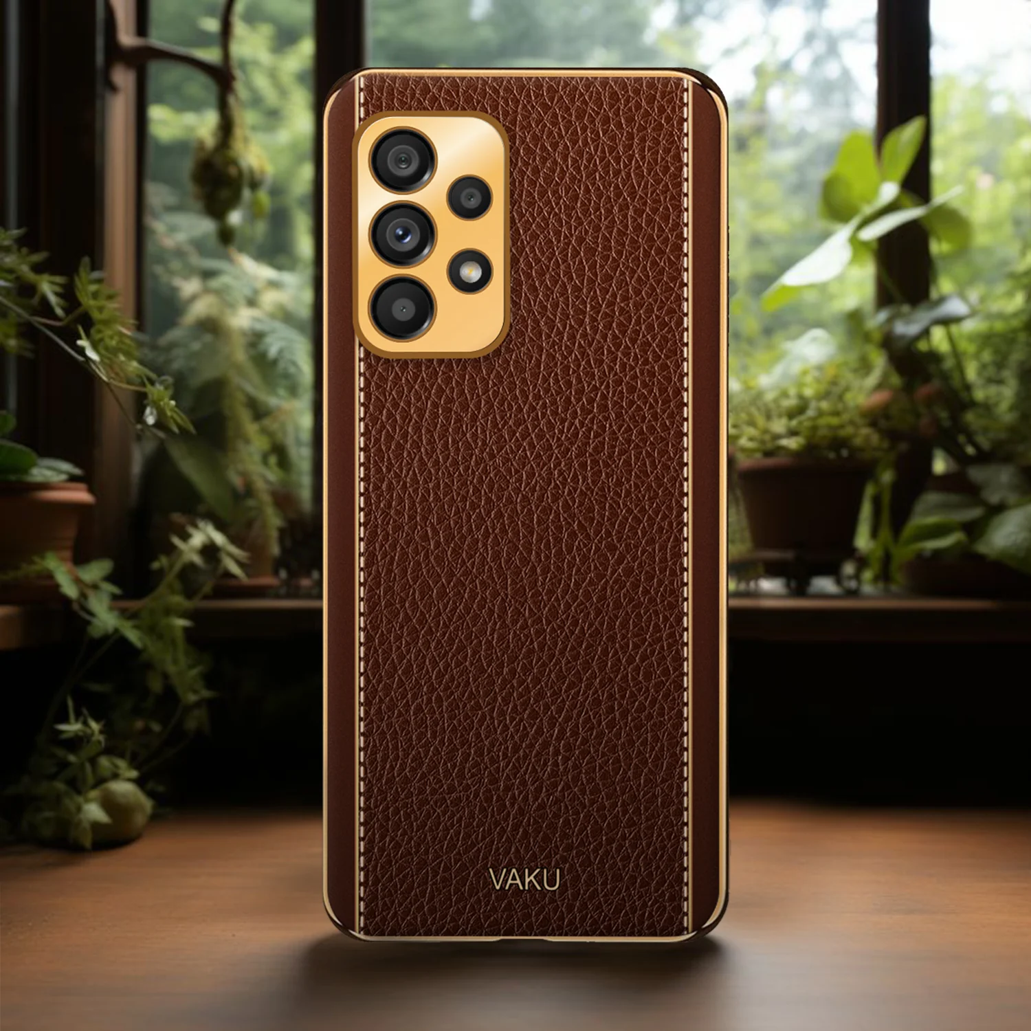 Vaku® Samsung Galaxy A33 5G Luxemberg Leather Stitched Gold Electroplated Soft TPU Back Cover - Image 11