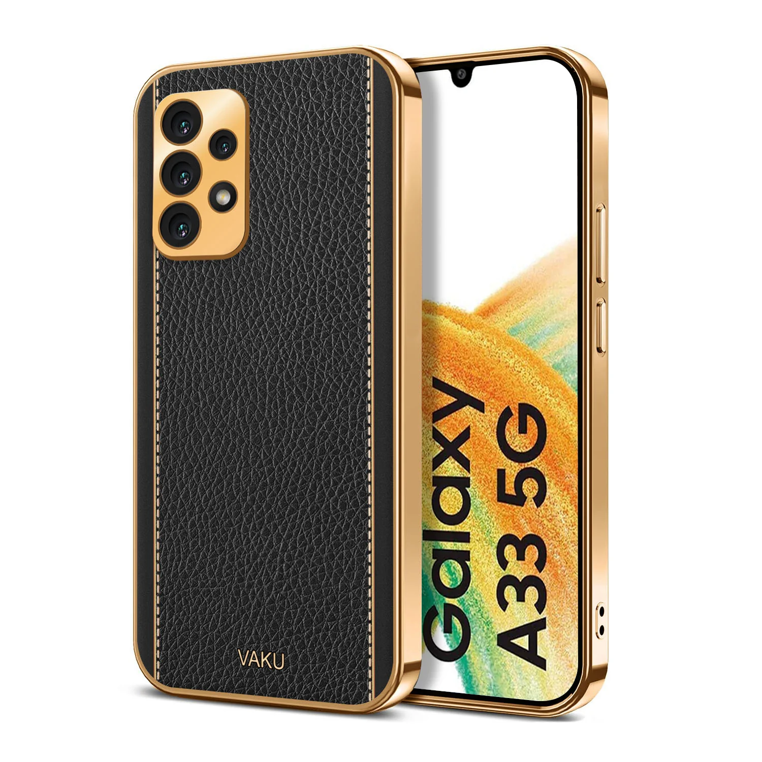 Vaku® Samsung Galaxy A33 5G Luxemberg Leather Stitched Gold Electroplated Soft TPU Back Cover - Image 4