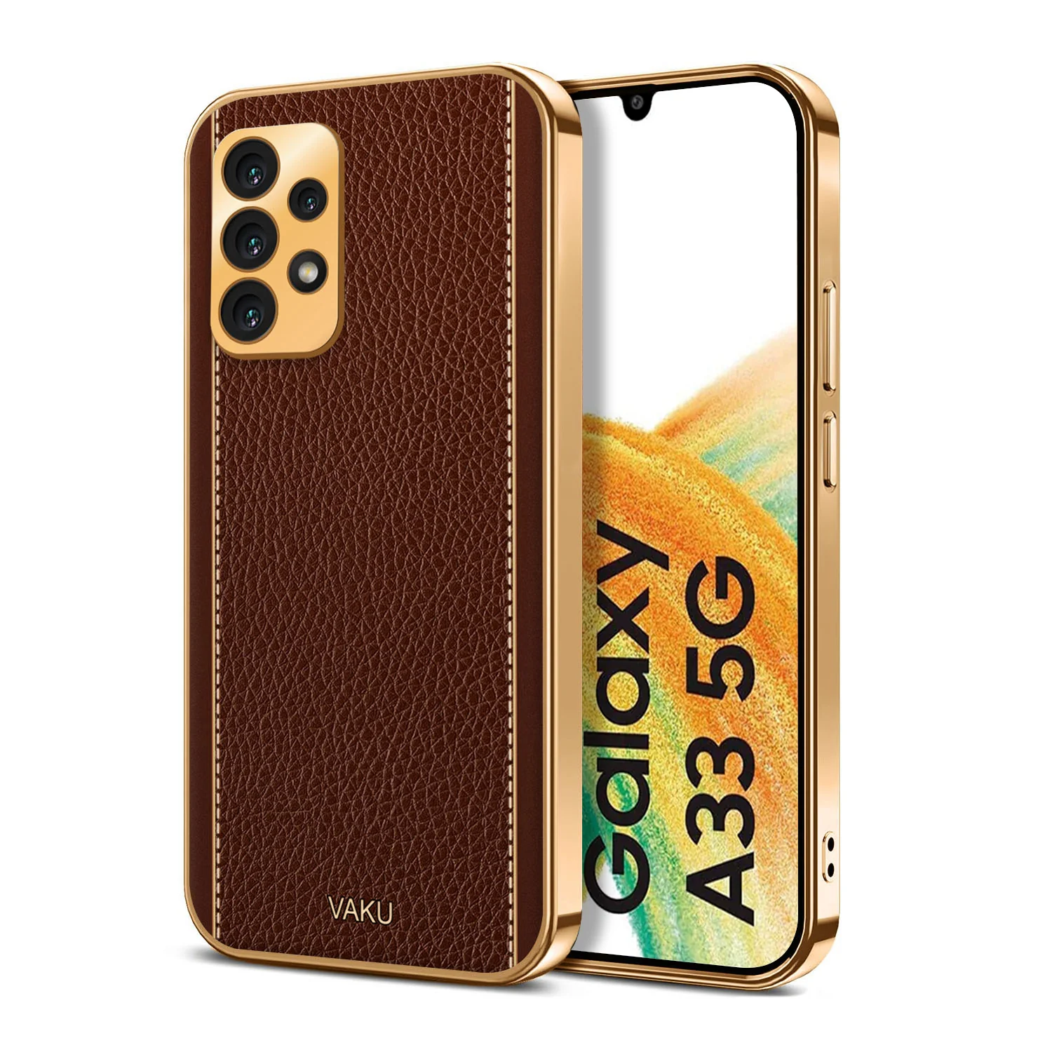 Vaku® Samsung Galaxy A33 5G Luxemberg Leather Stitched Gold Electroplated Soft TPU Back Cover - Image 5